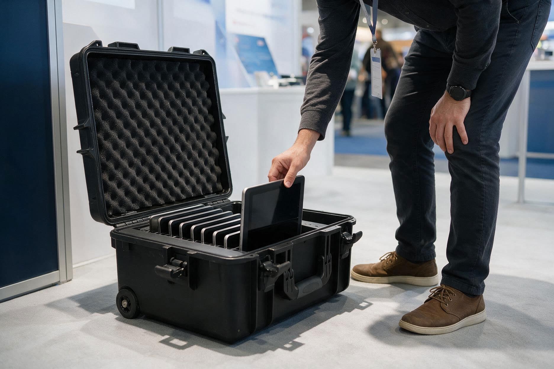 Rugged tablet charging cart at a trade show