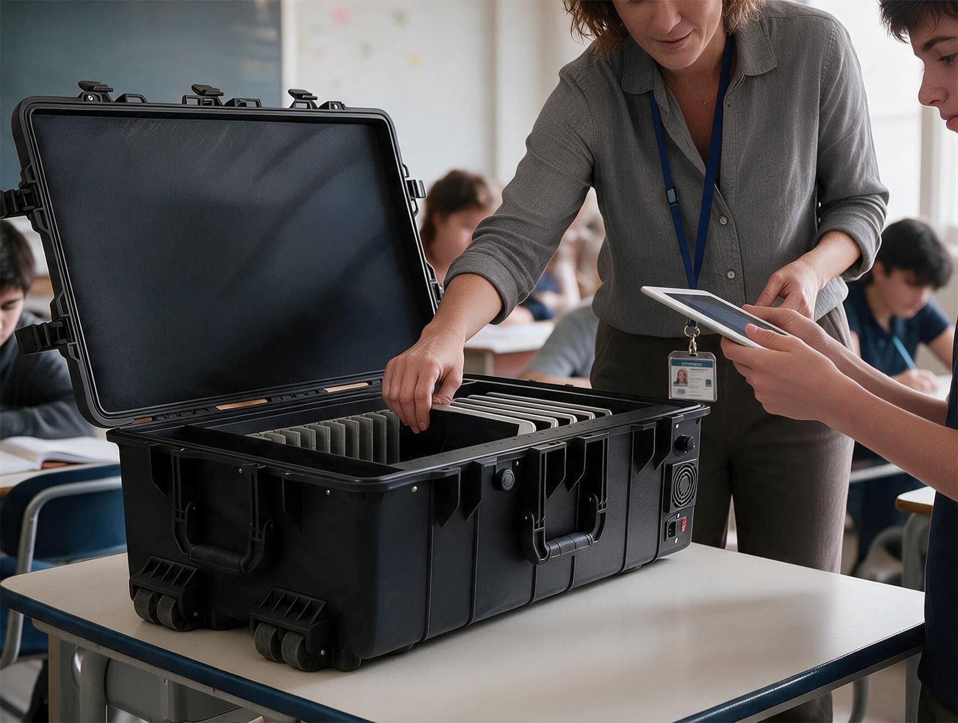 Teacher distributing devices from tablet charging cart in classroom