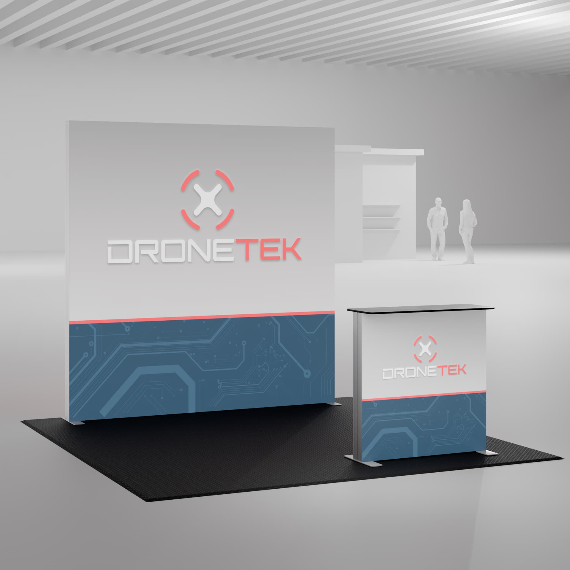 Trade show floor tiles being utilized in a trade show space