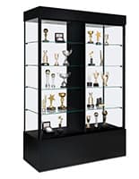 48" Glass Display Case with Lights and Split Adjustable Shelves - Black Glass display case with black frame