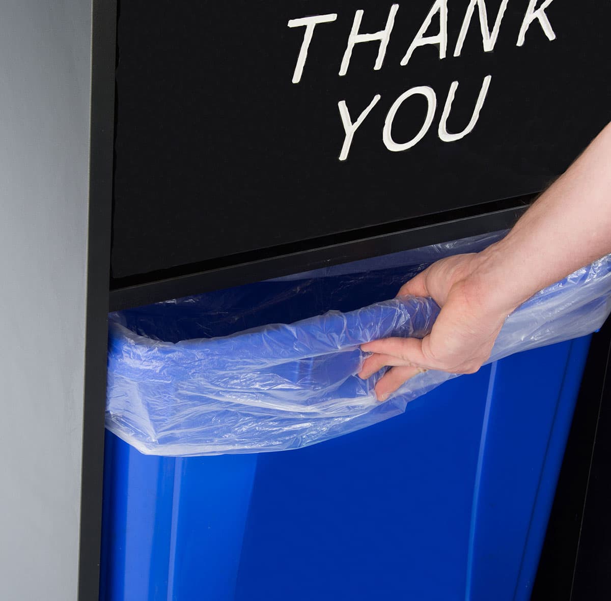 Thank You Trash Can Has a Tray Top For Holding Used Platters