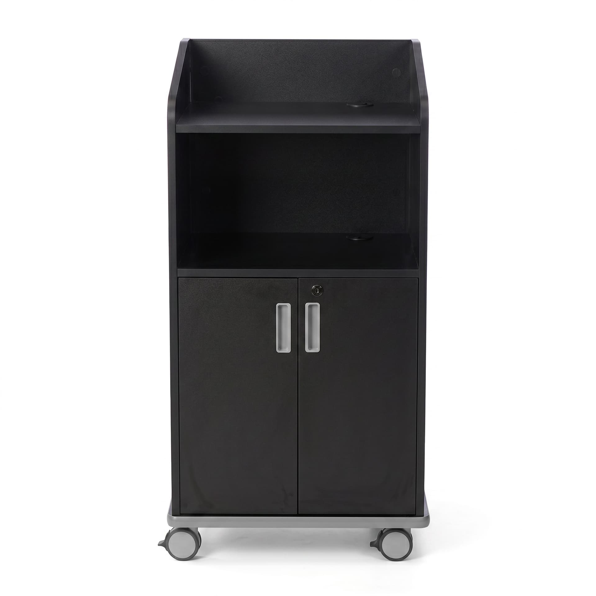 Modern Floor Lectern on Wheels includes a locking cabinet