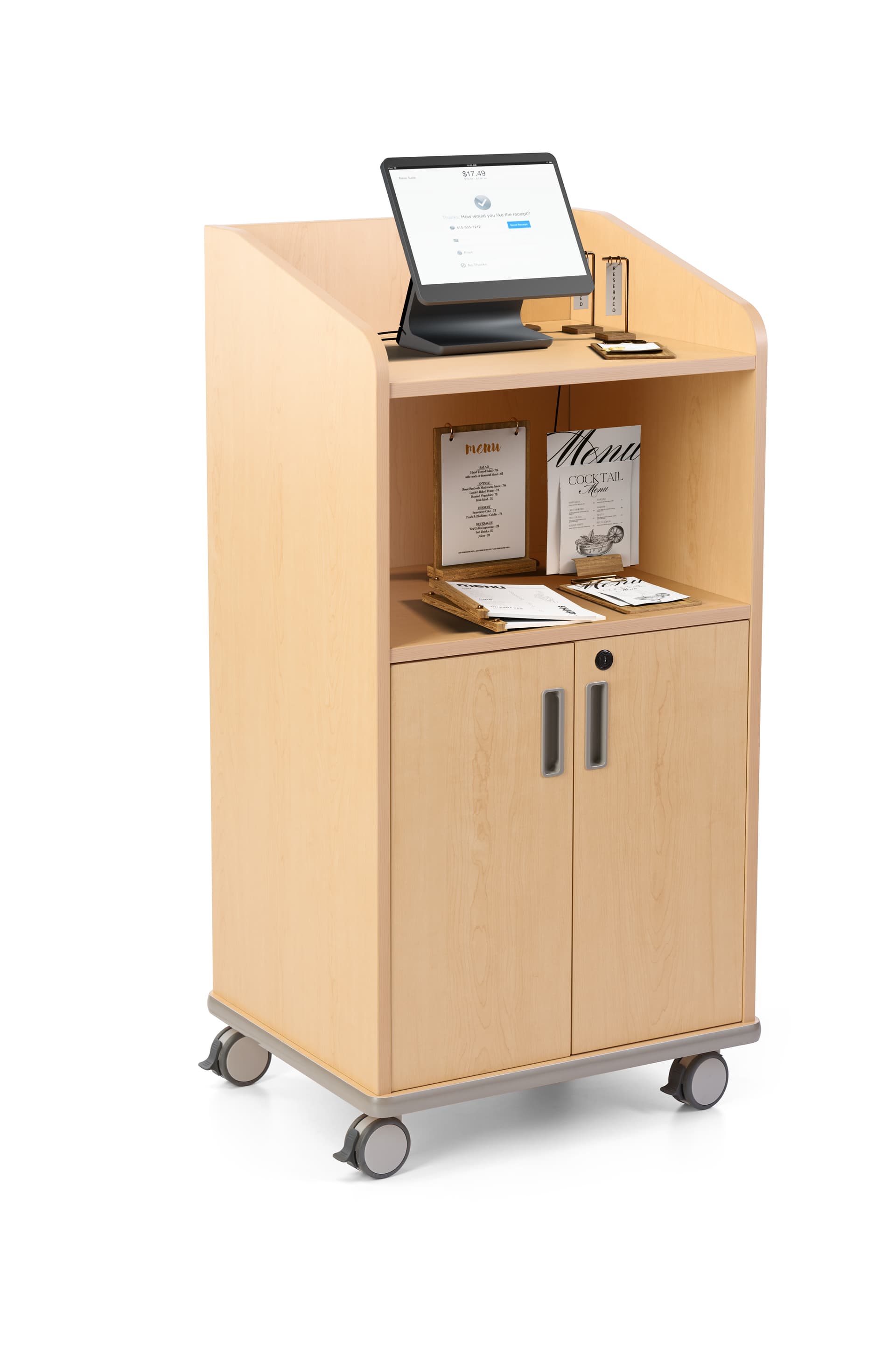 Modern Floor Lectern on Wheels can hold electronics, menus, promotional items, personal belongings, and more