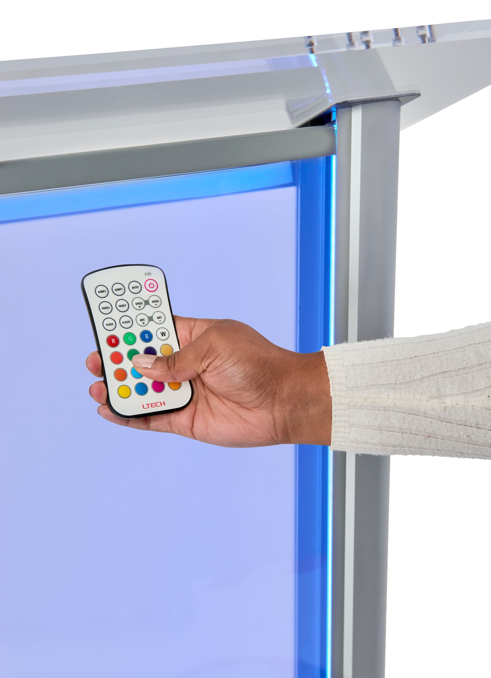 Illuminated clear acrylic podium includes a RGB remote control