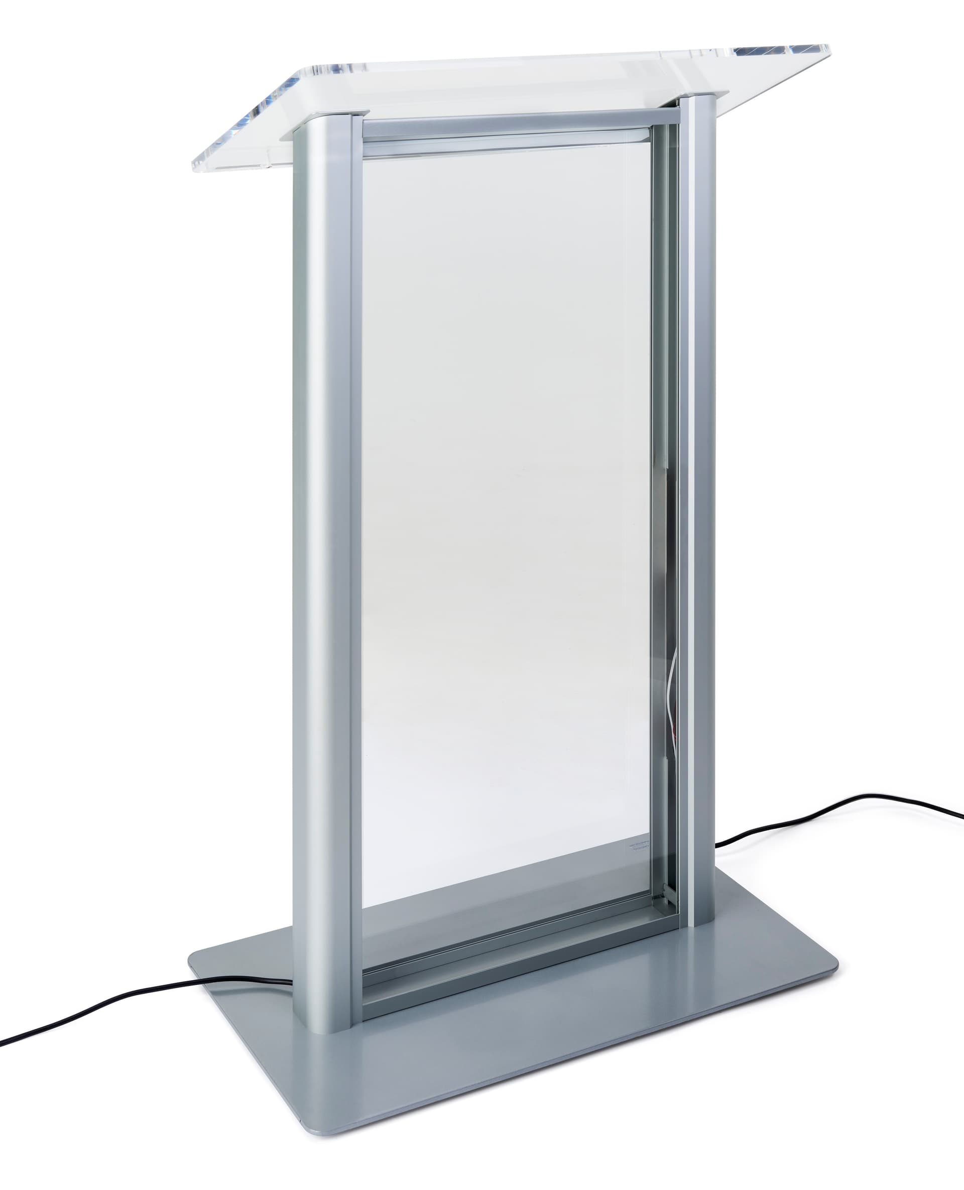 Illuminated clear acrylic podium features built-in phantom power supply