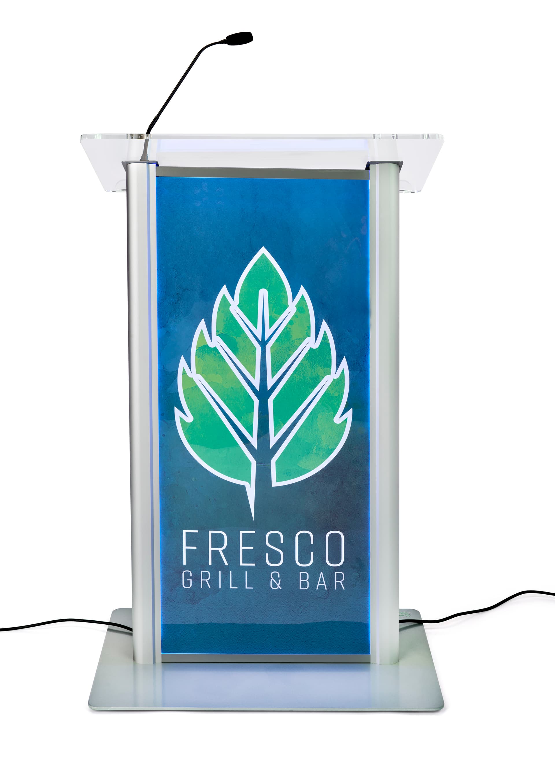 Custom LED clear acrylic lectern with aluminum poles