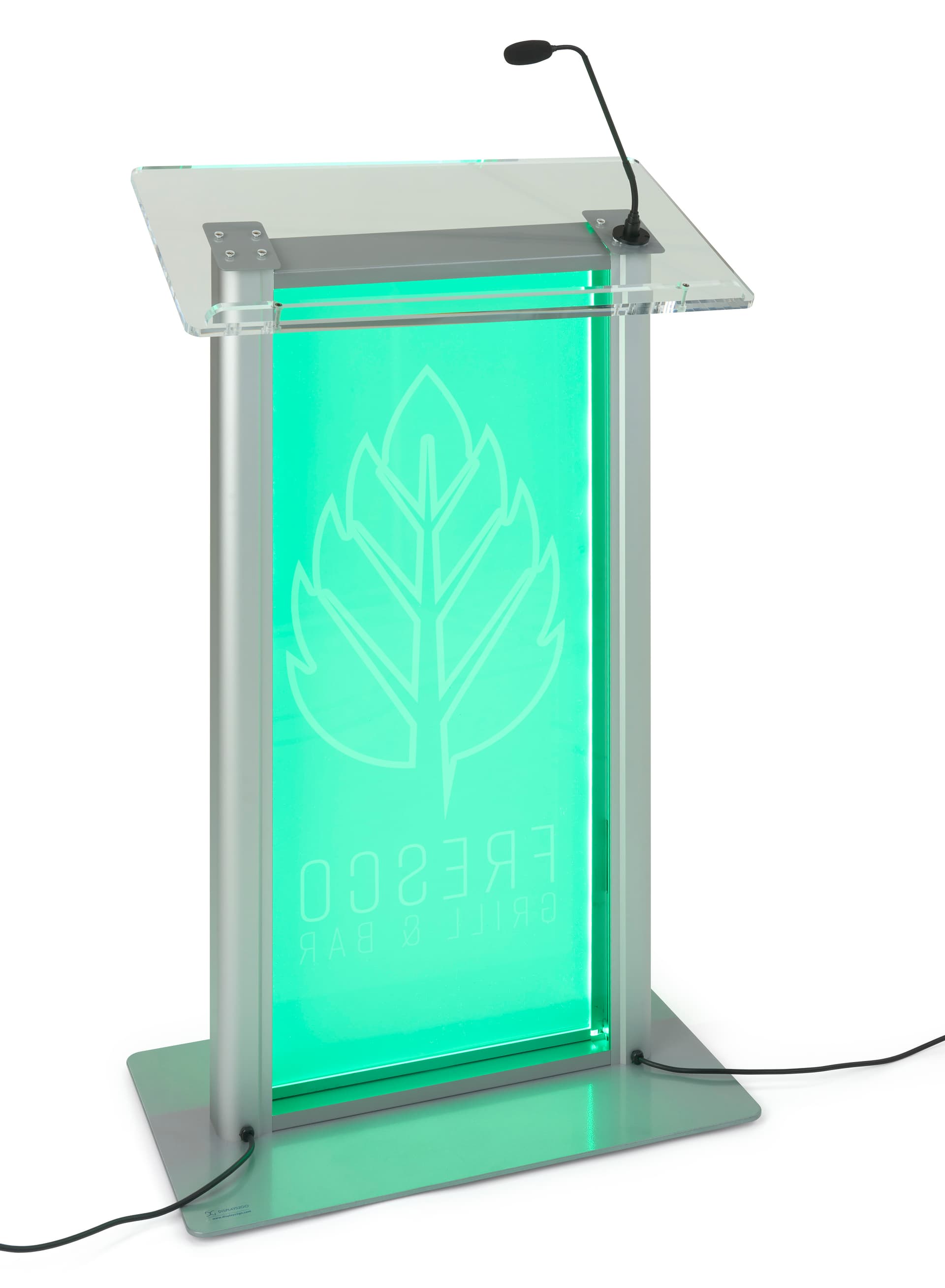 Custom LED clear acrylic lectern with power cord attachments