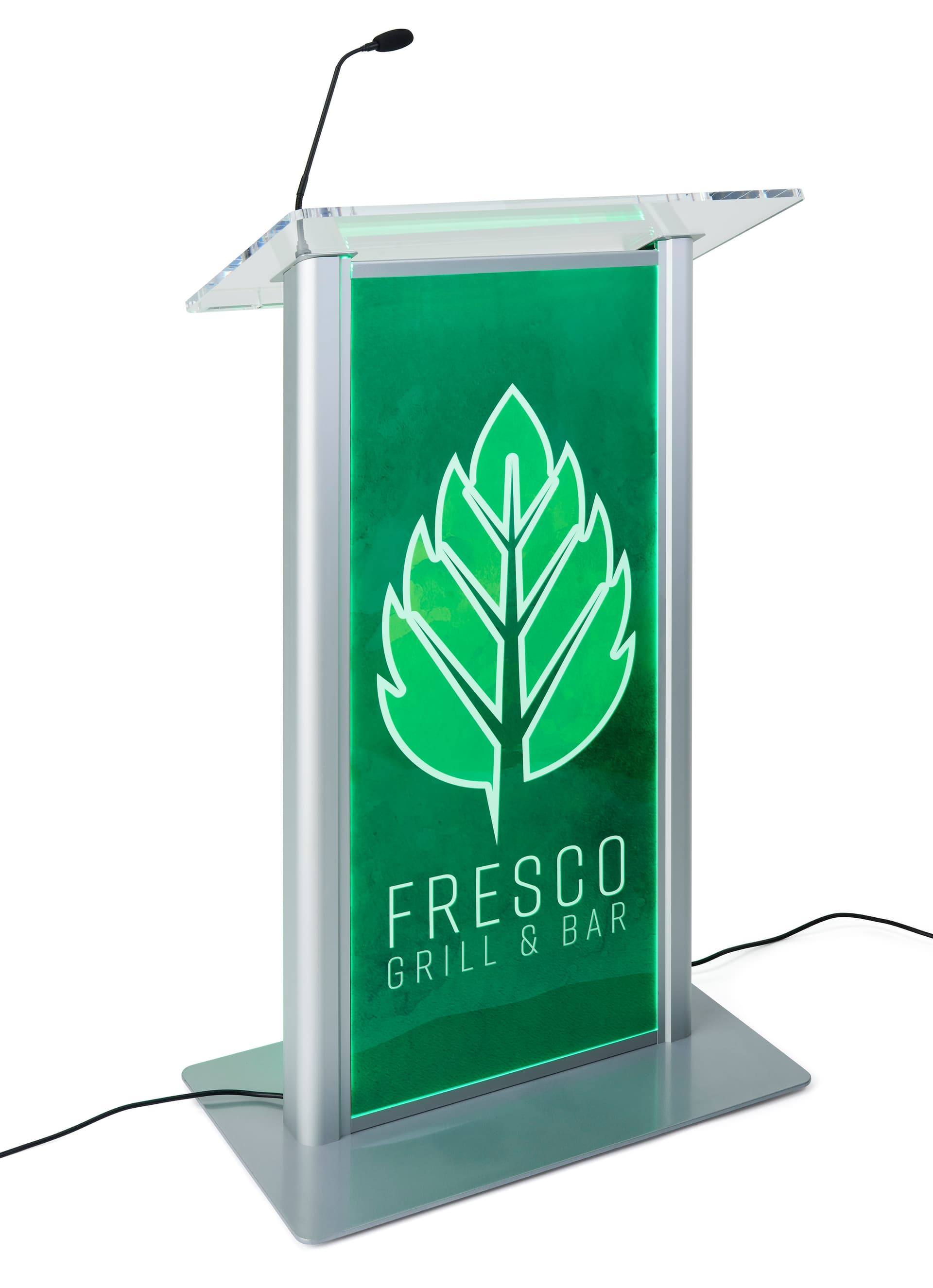 Custom LED clear acrylic lectern with steel base