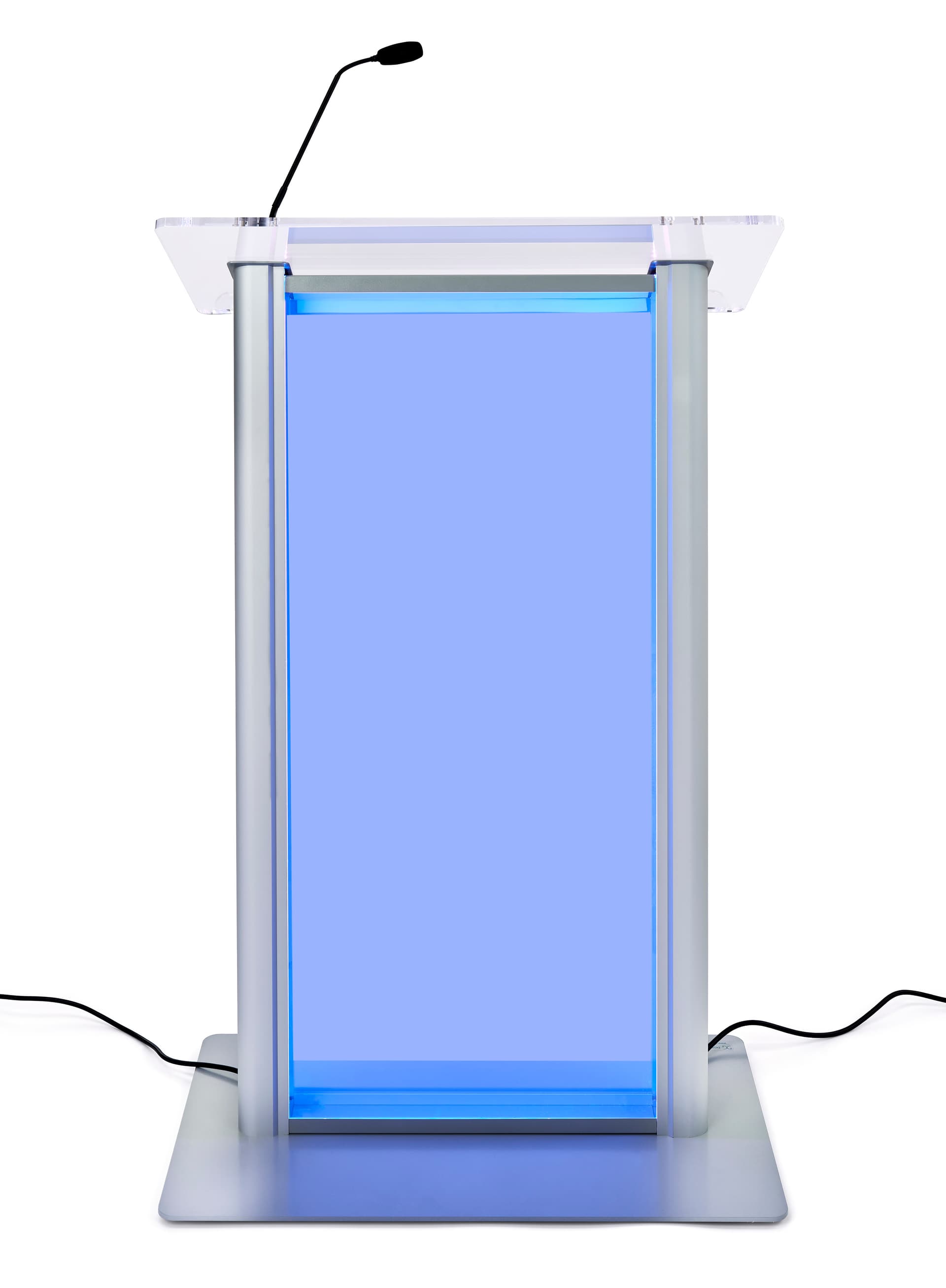 Illuminated frosted acrylic lectern features dynamic light settings