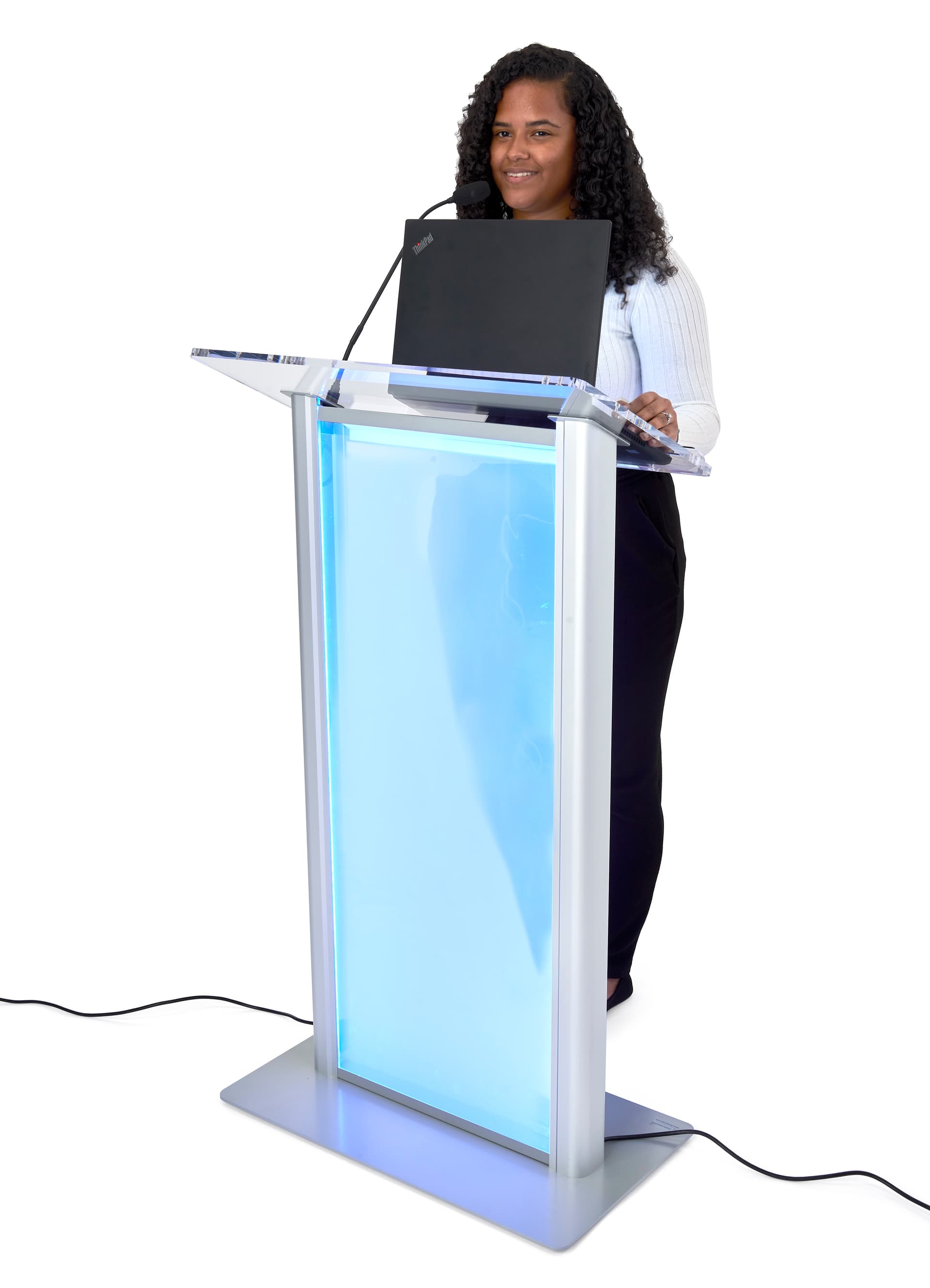 Illuminated frosted acrylic lectern with overall dimensions of 27 inches by 48 inches