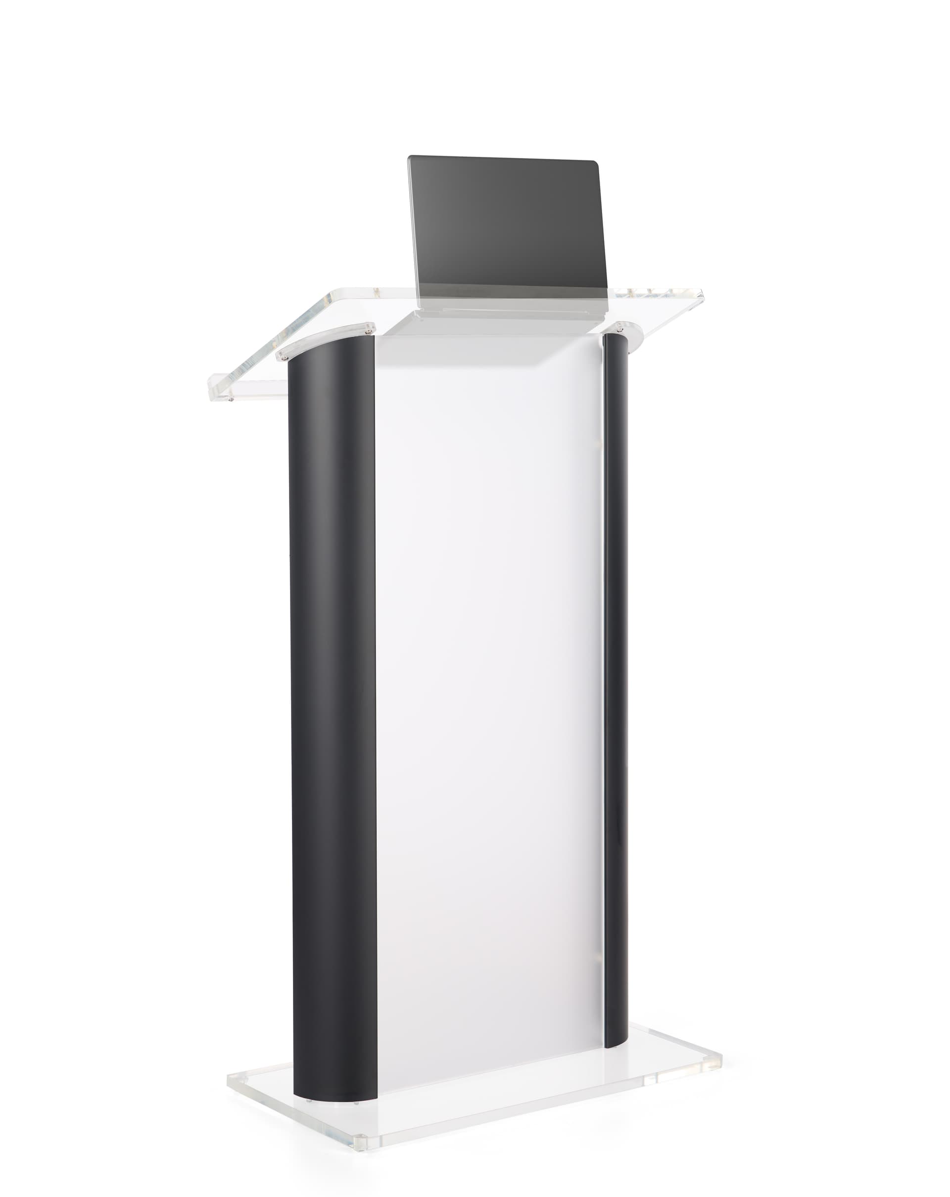 Acrylic and black podium with frosted privacy panel