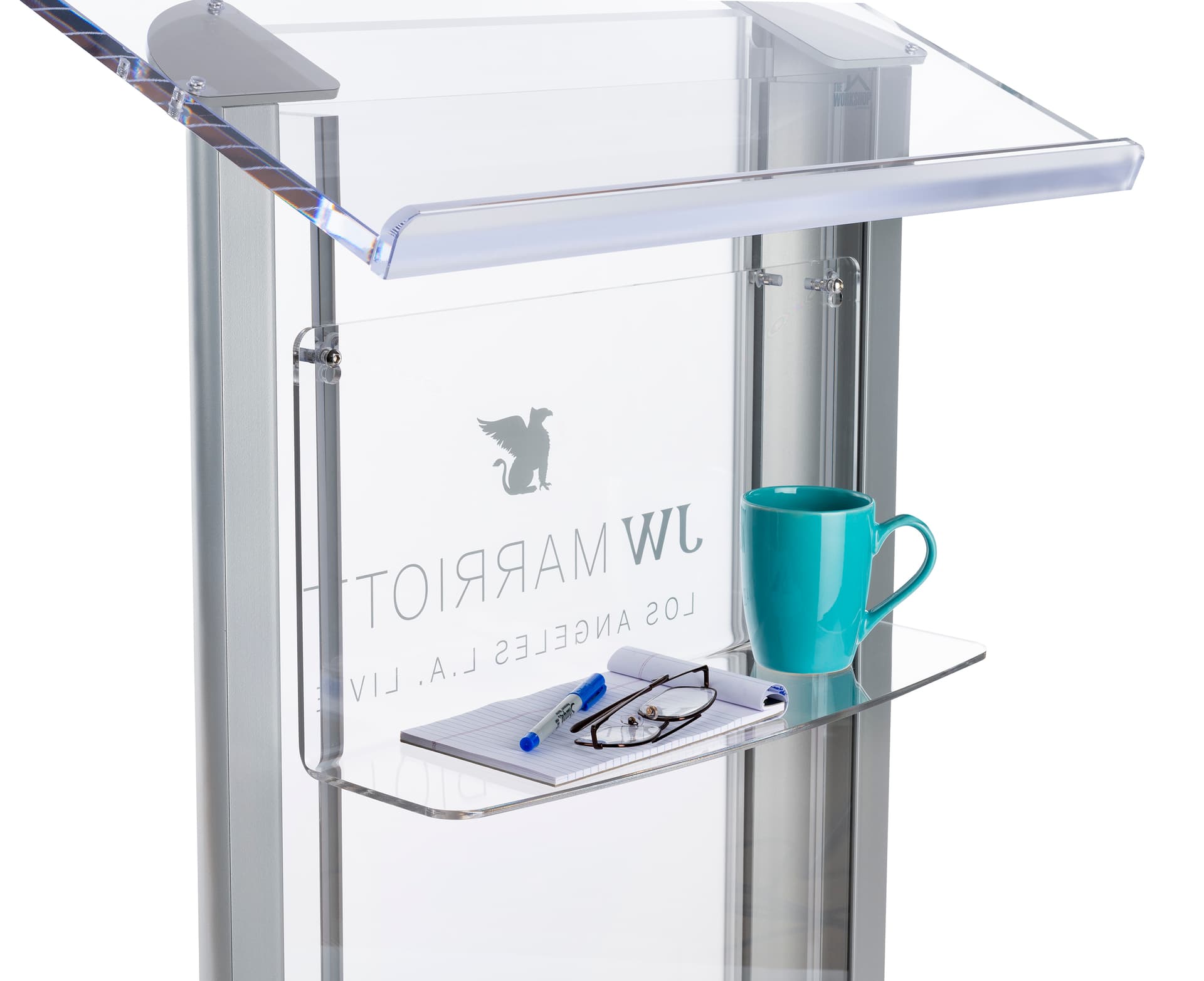 Clear acrylic shelf for LECTALAC series lecterns for presentation materials