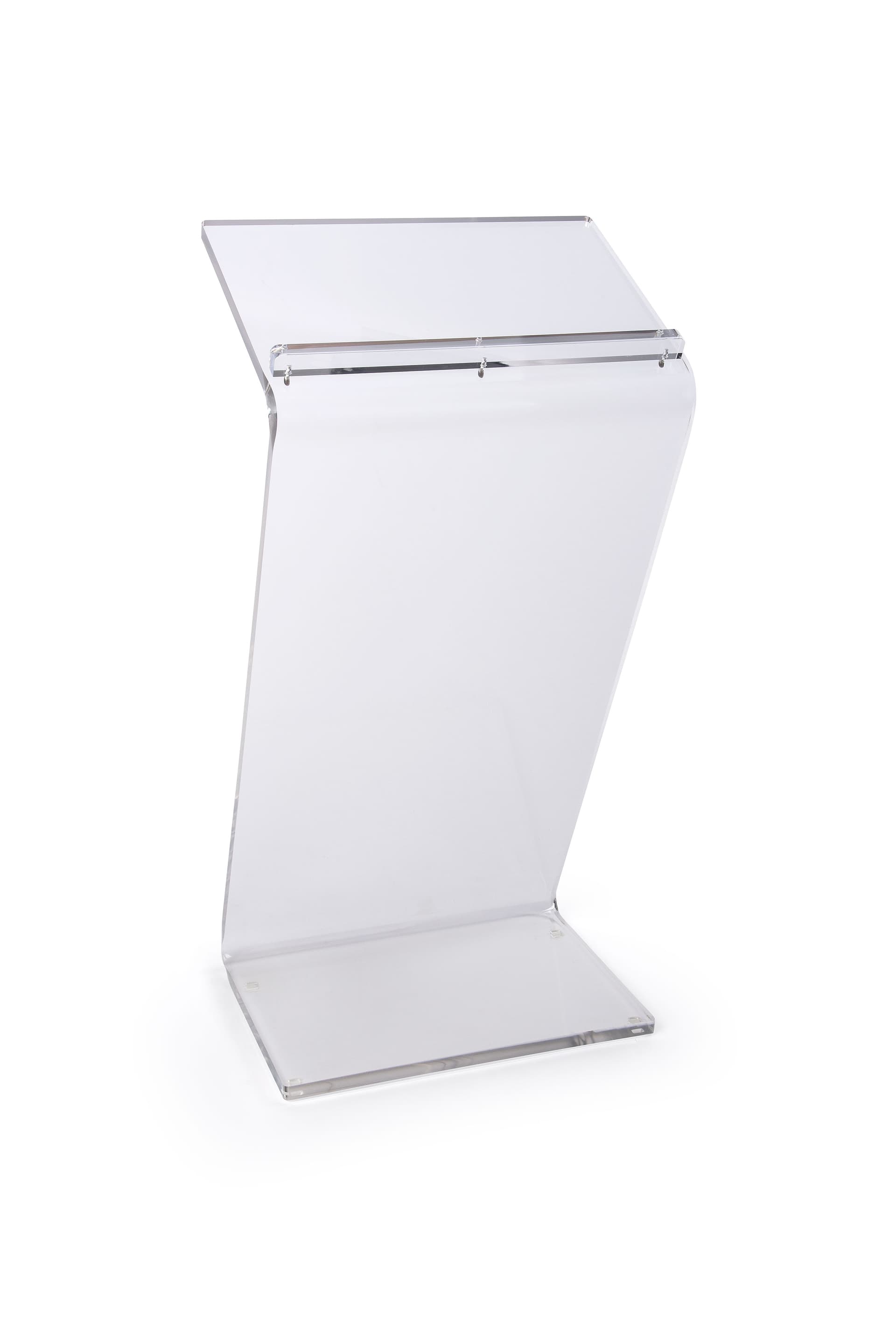 Back view of clear acrylic Z shape podium
