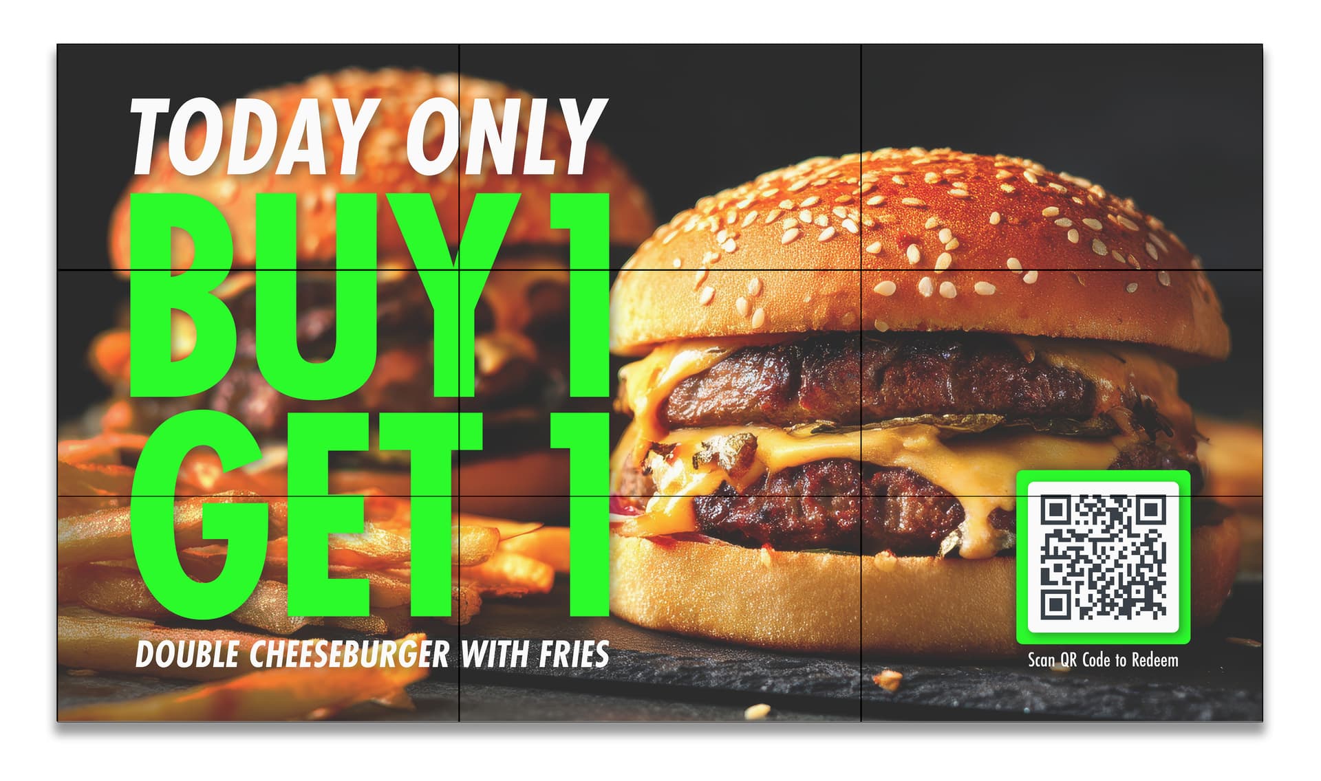 3x3 video wall showcasing an advertisement graphic of a restaurants meal deal