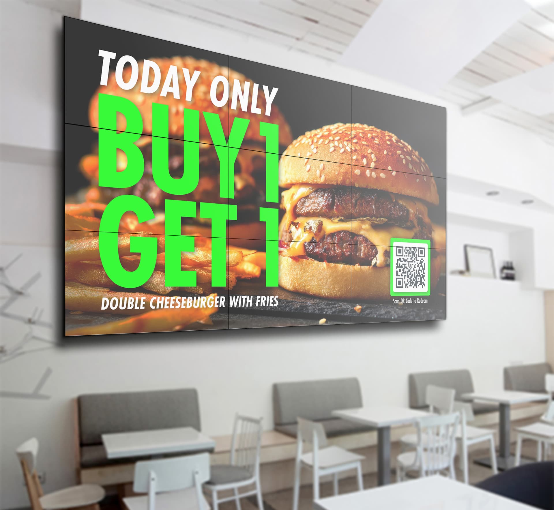 3x3 video wall being utilized in a restaurant environment showcasing a meal deal graphic advertisement