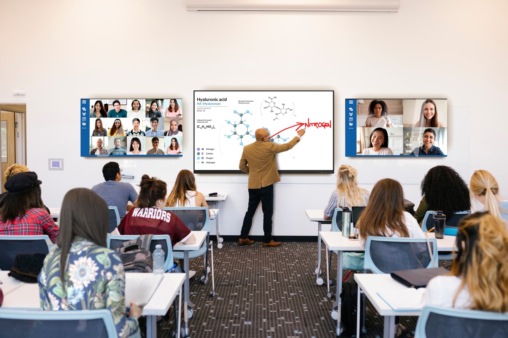 Smart interactive whiteboard being utilized in a college classroom setting
