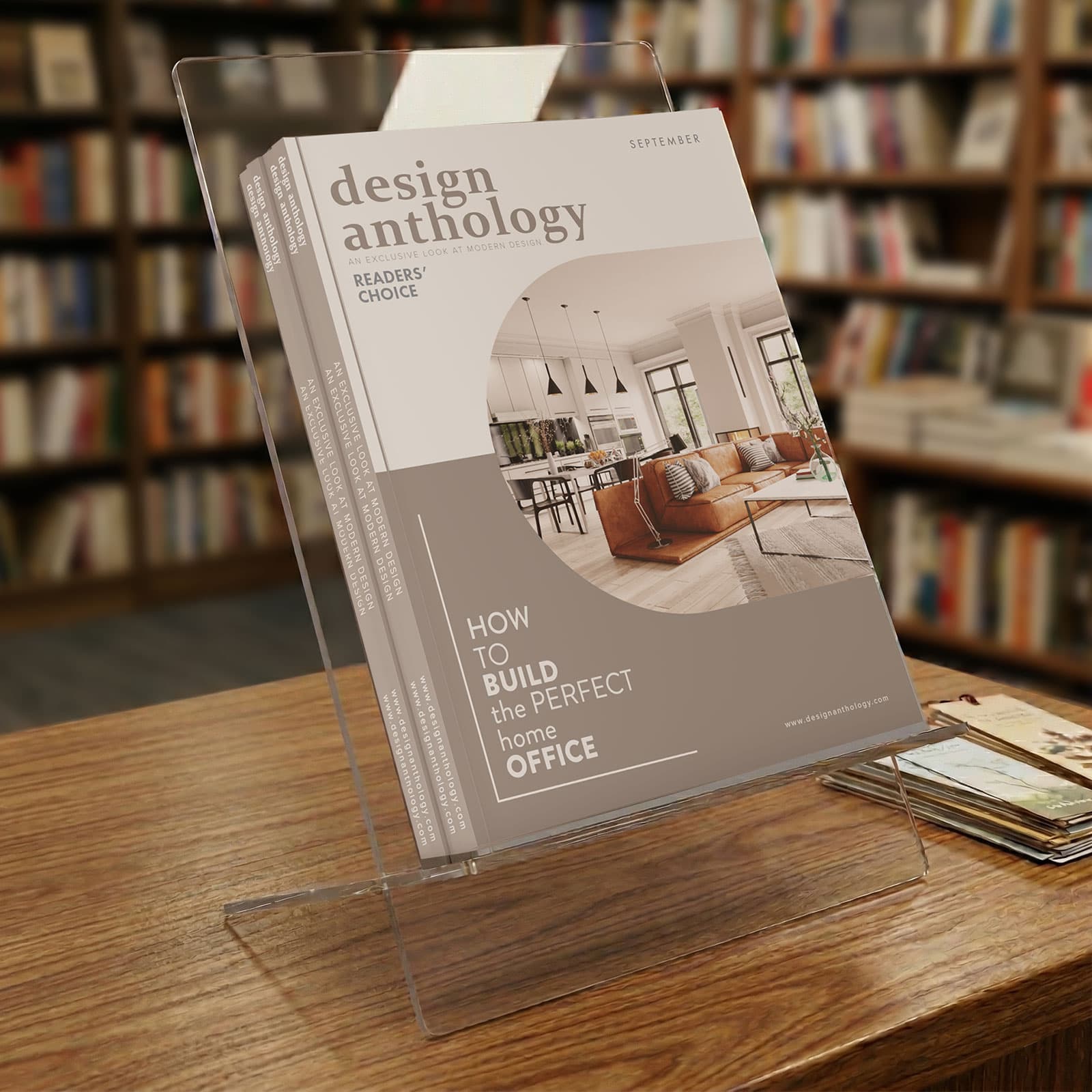 Flat back literature holder on a countertop in a library setting