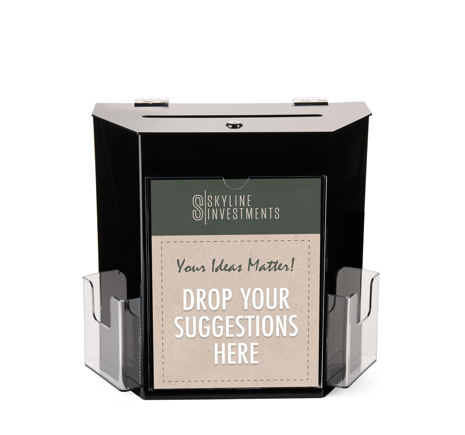 Black suggestion box with 2 pockets with freestanding or wall mount design