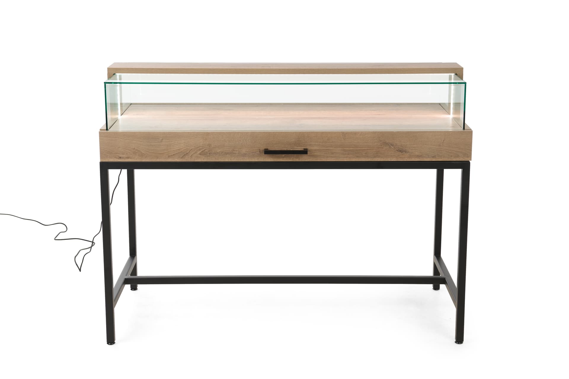 Dispensary display case with black drawer handle