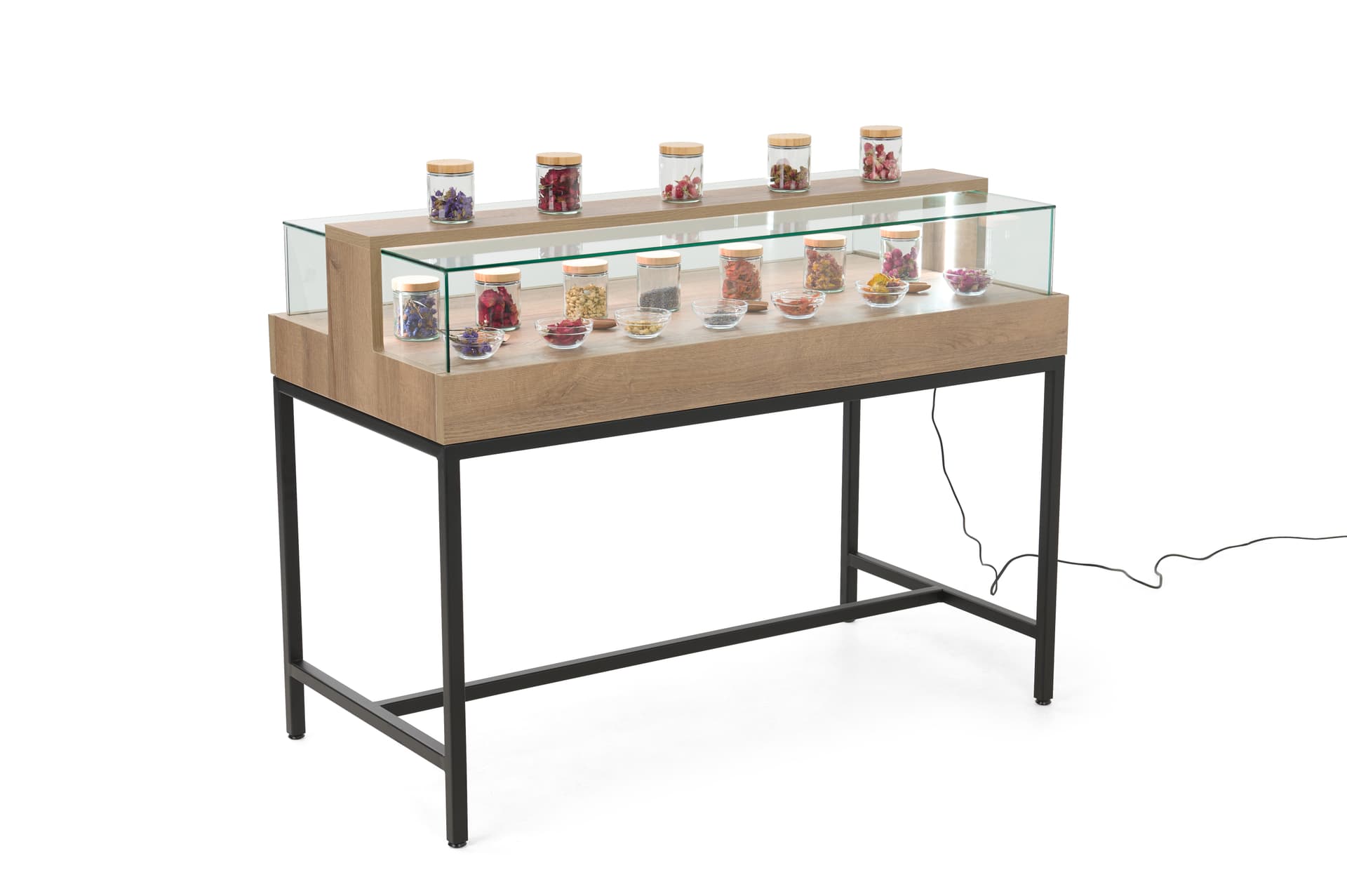 Dispensary display case with black matte steel base