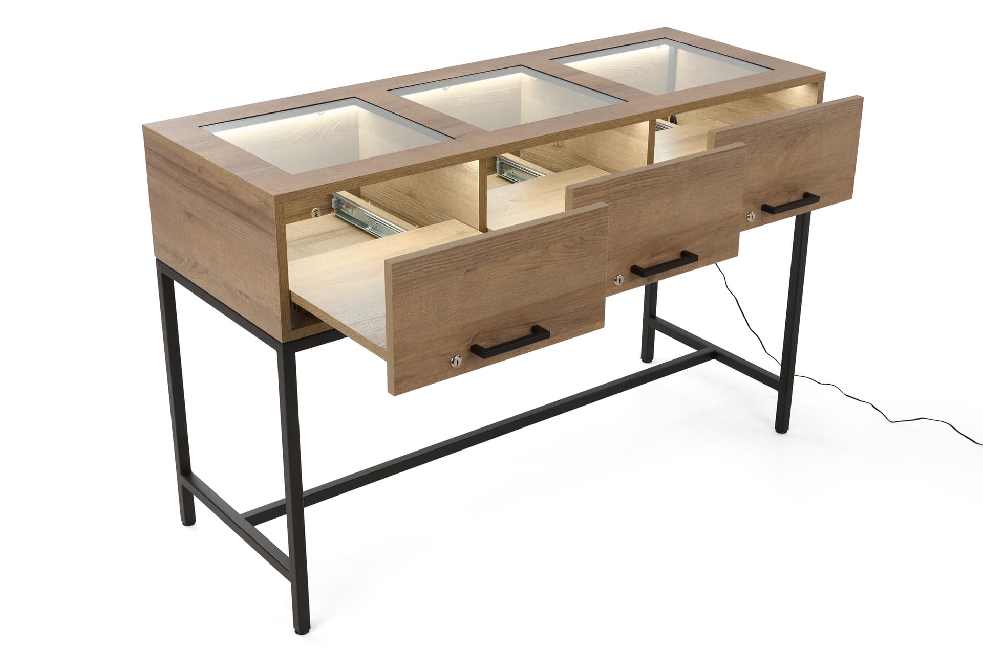 Glass top retail console table with three locking pull-out drawers