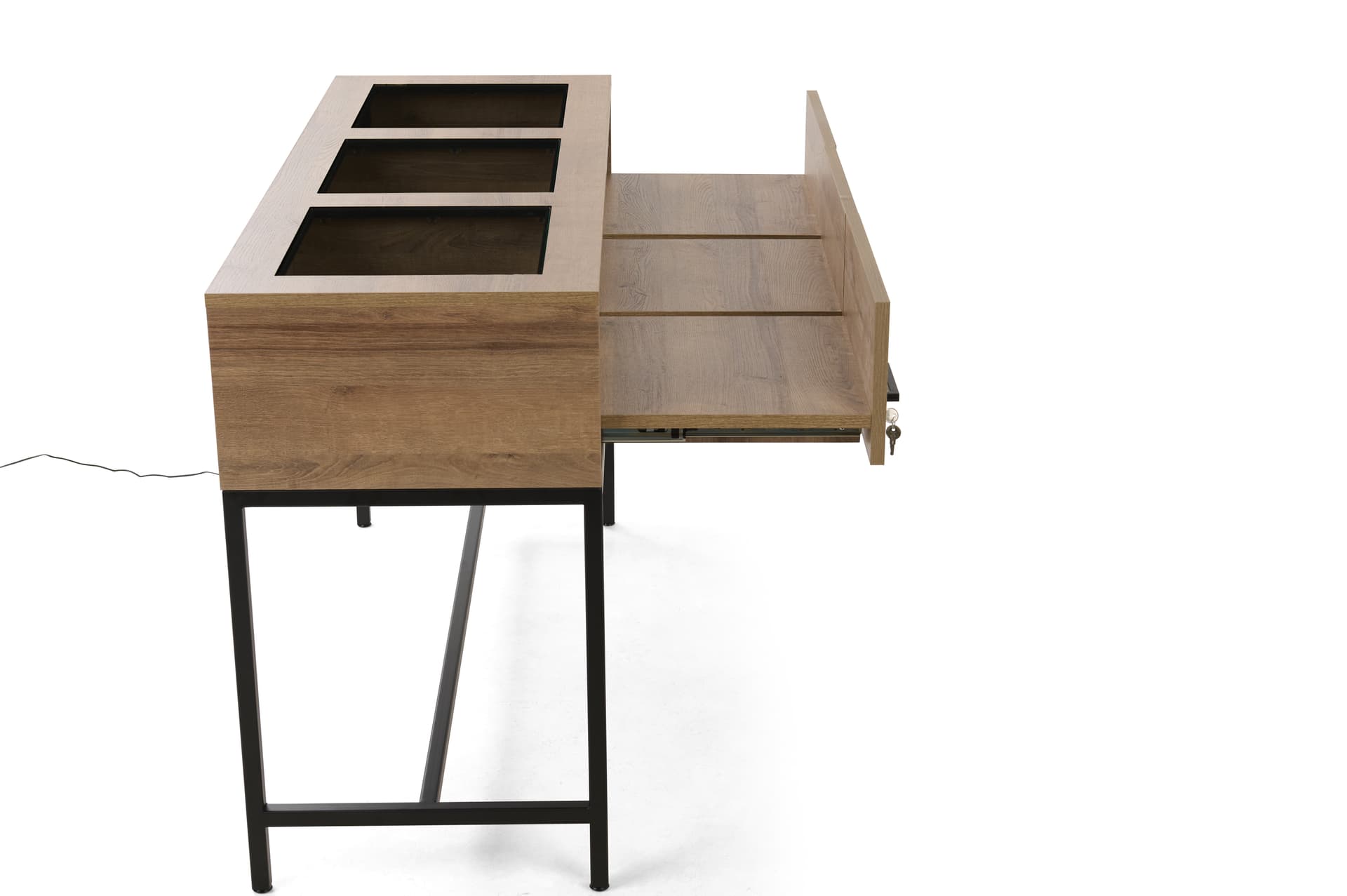 Glass top retail console table with beautiful brown wood tones