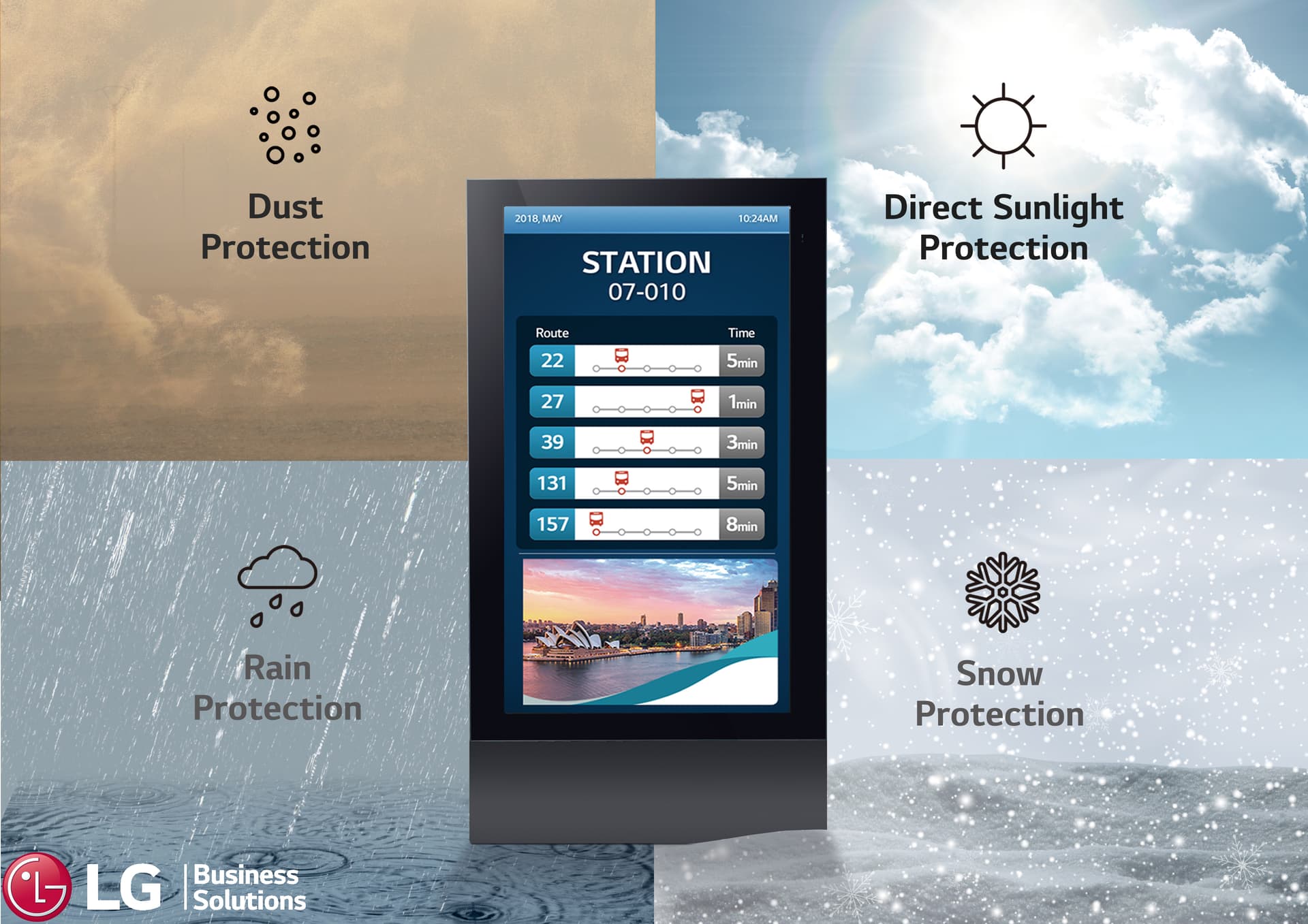 Outdoor digital signage display with an IP56 rating protects against rain, dust, snow, and direct UV rays