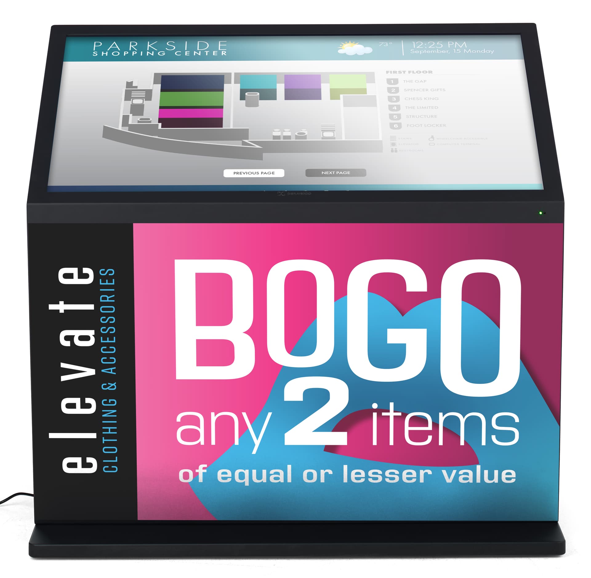 Magnetic graphic for DK049CLB & DK049CLW being showcased on the front of the 49 inch floor standing touch screen kiosk 