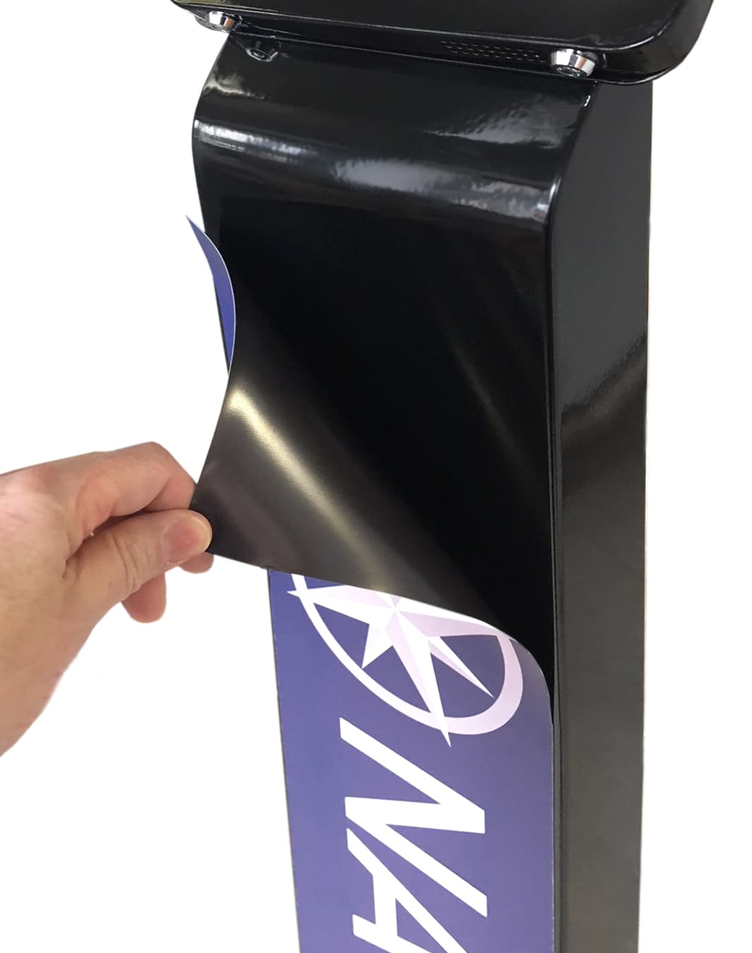 Magnetic custom graphics panel for Navigator tablet stands with easy application