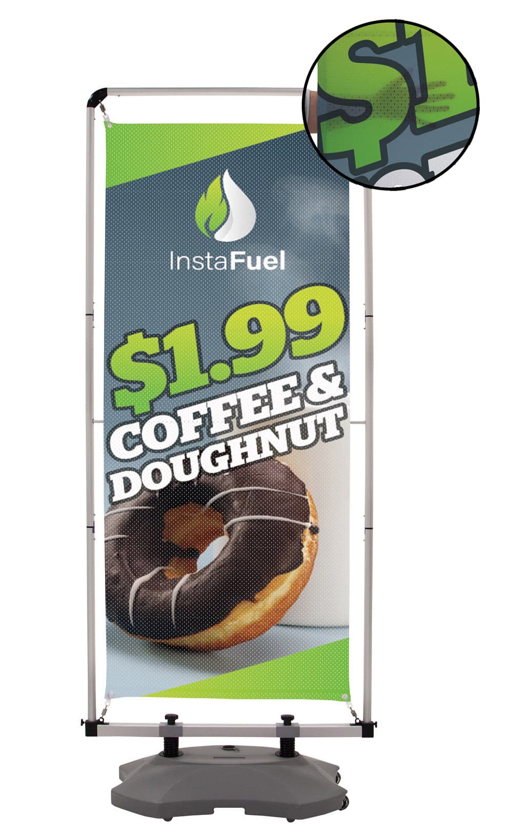 Outdoor vertical banner stand with 33 x 79 fabric mesh panel 