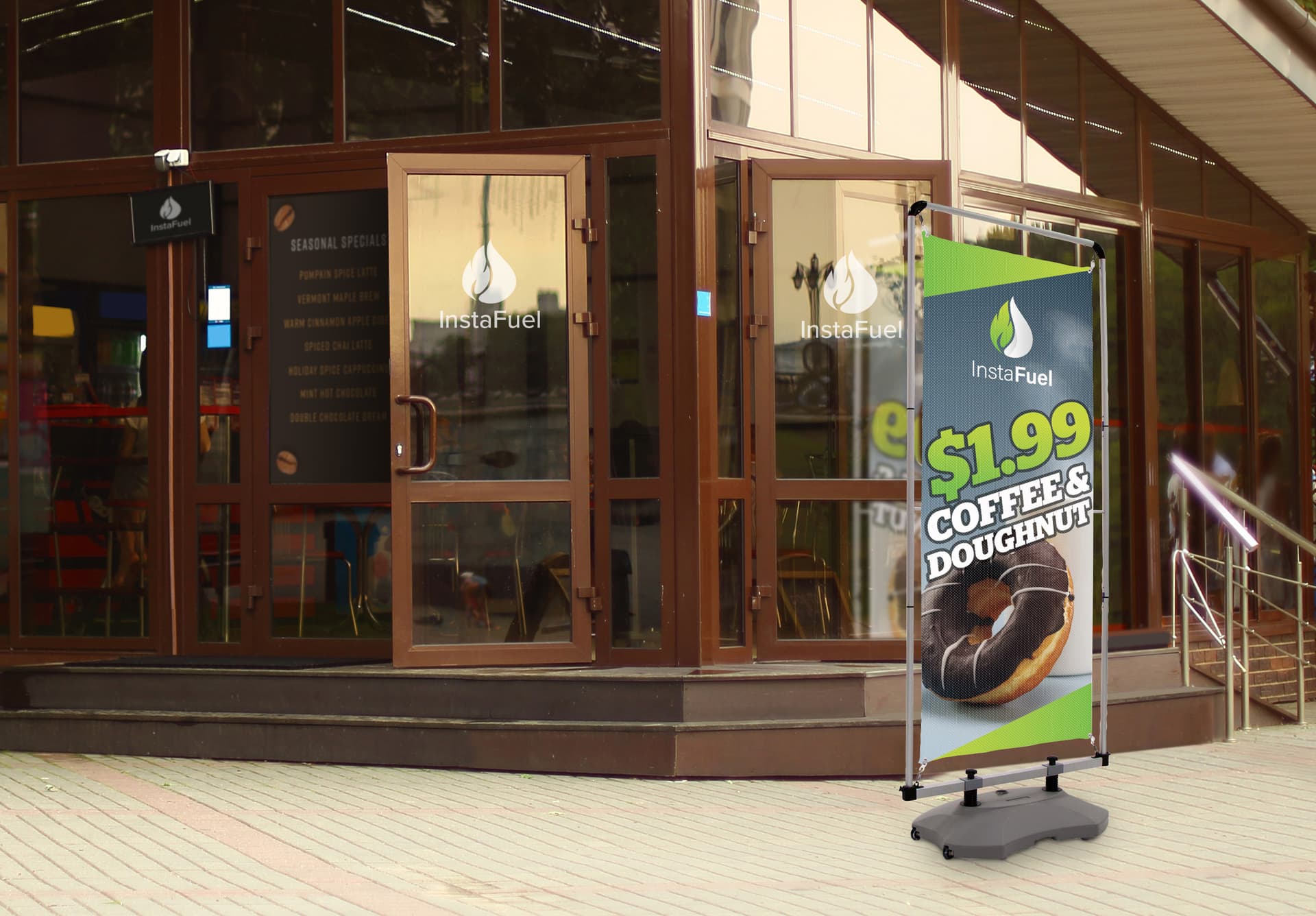 Outdoor vertical banner stand with 33 x 79 polyester mesh poster
