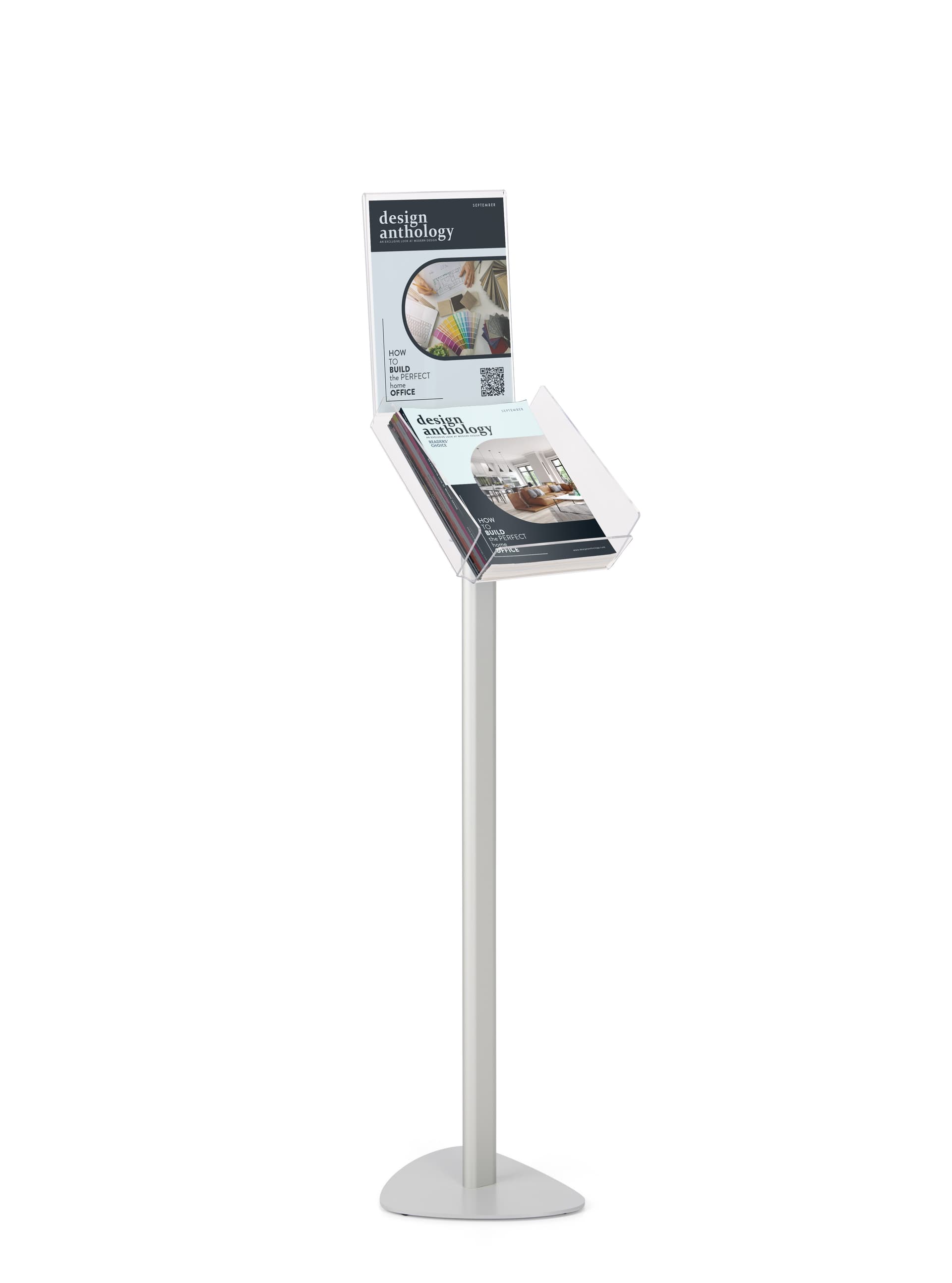 Lobby magazine and sign stand with silver base