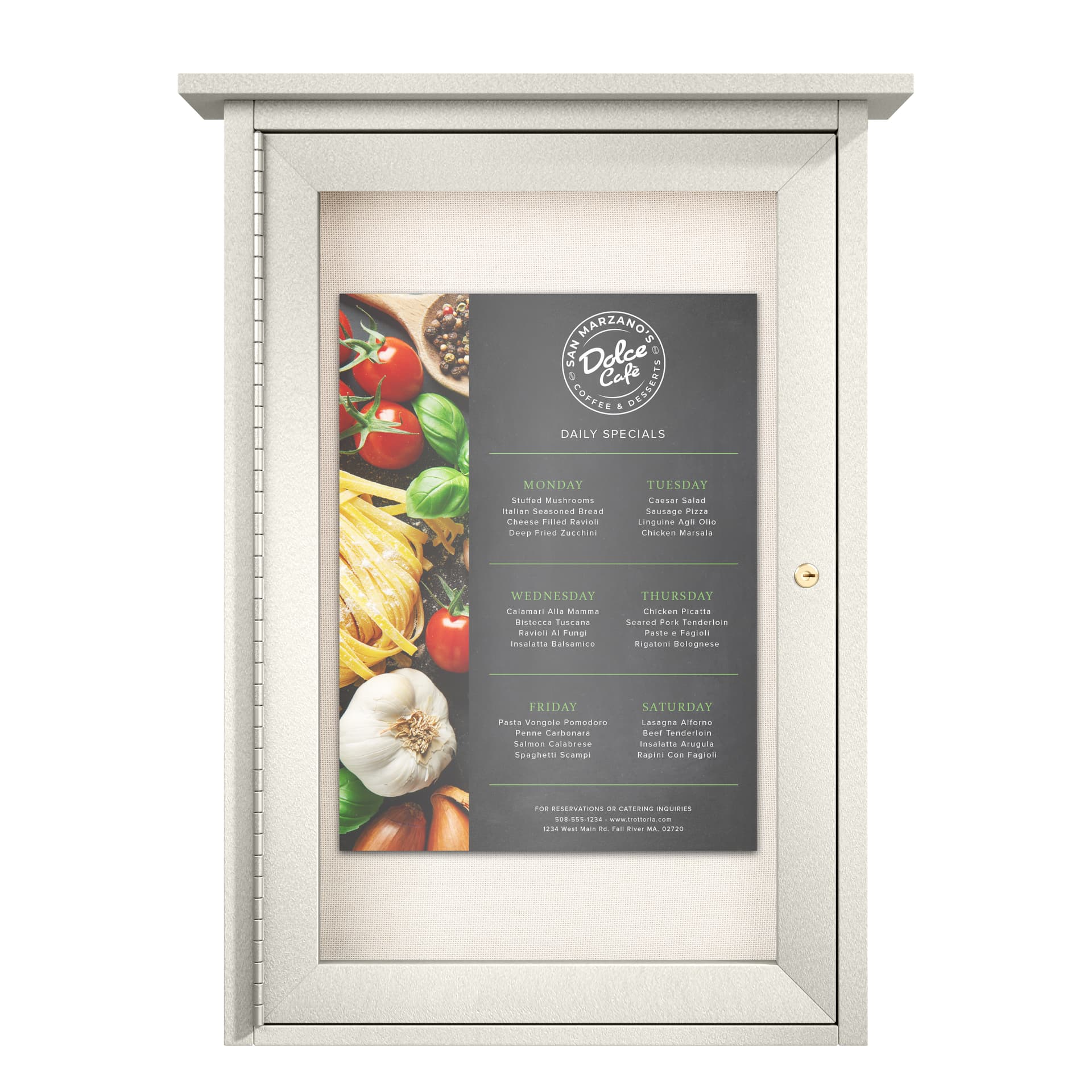 Outdoor menu display case showing a restaurant menu