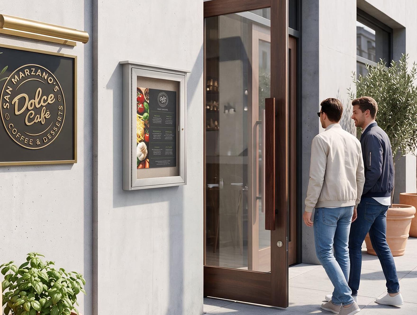 Outdoor menu display case being utilized outside a restaurant 