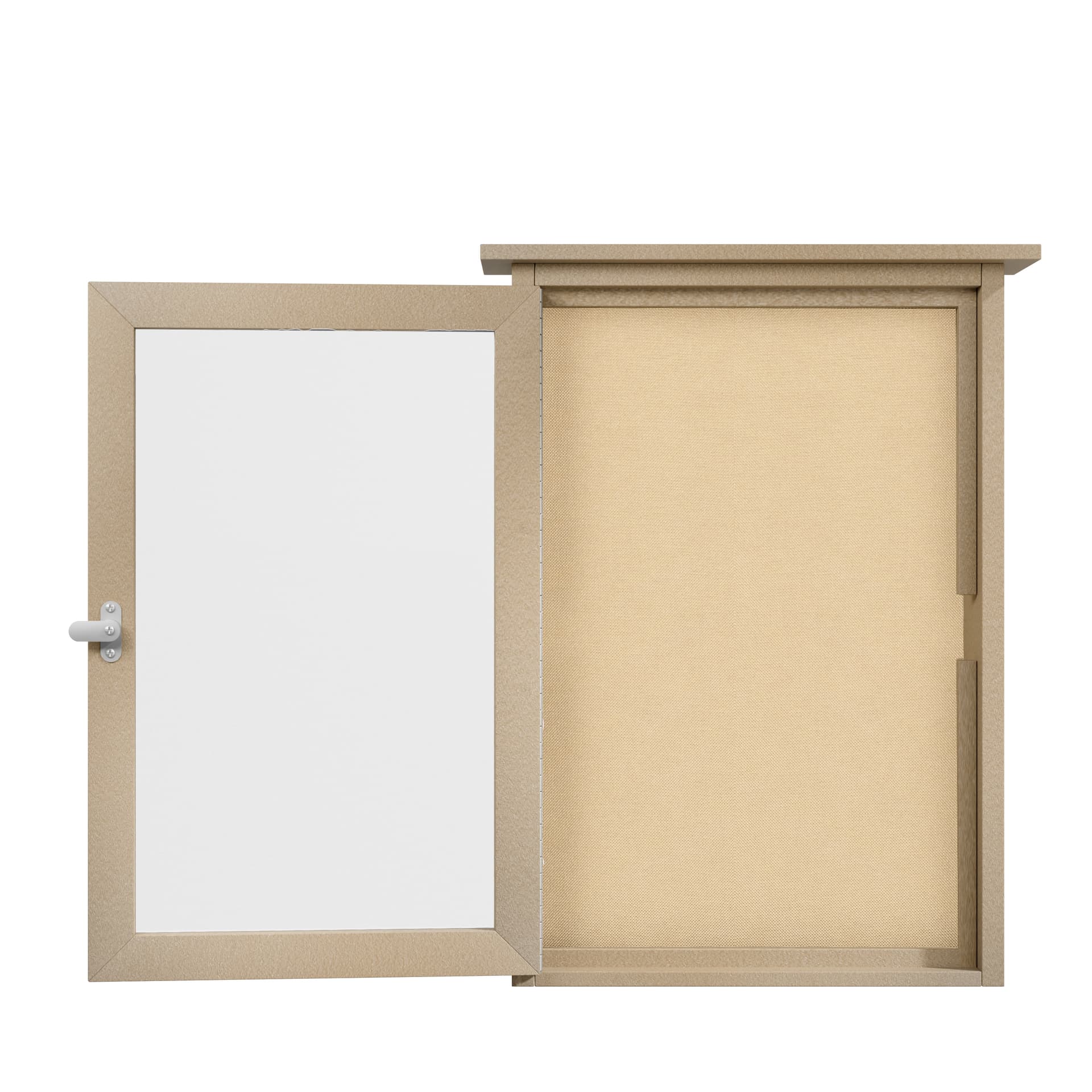 Outdoor menu display case with the door swung open