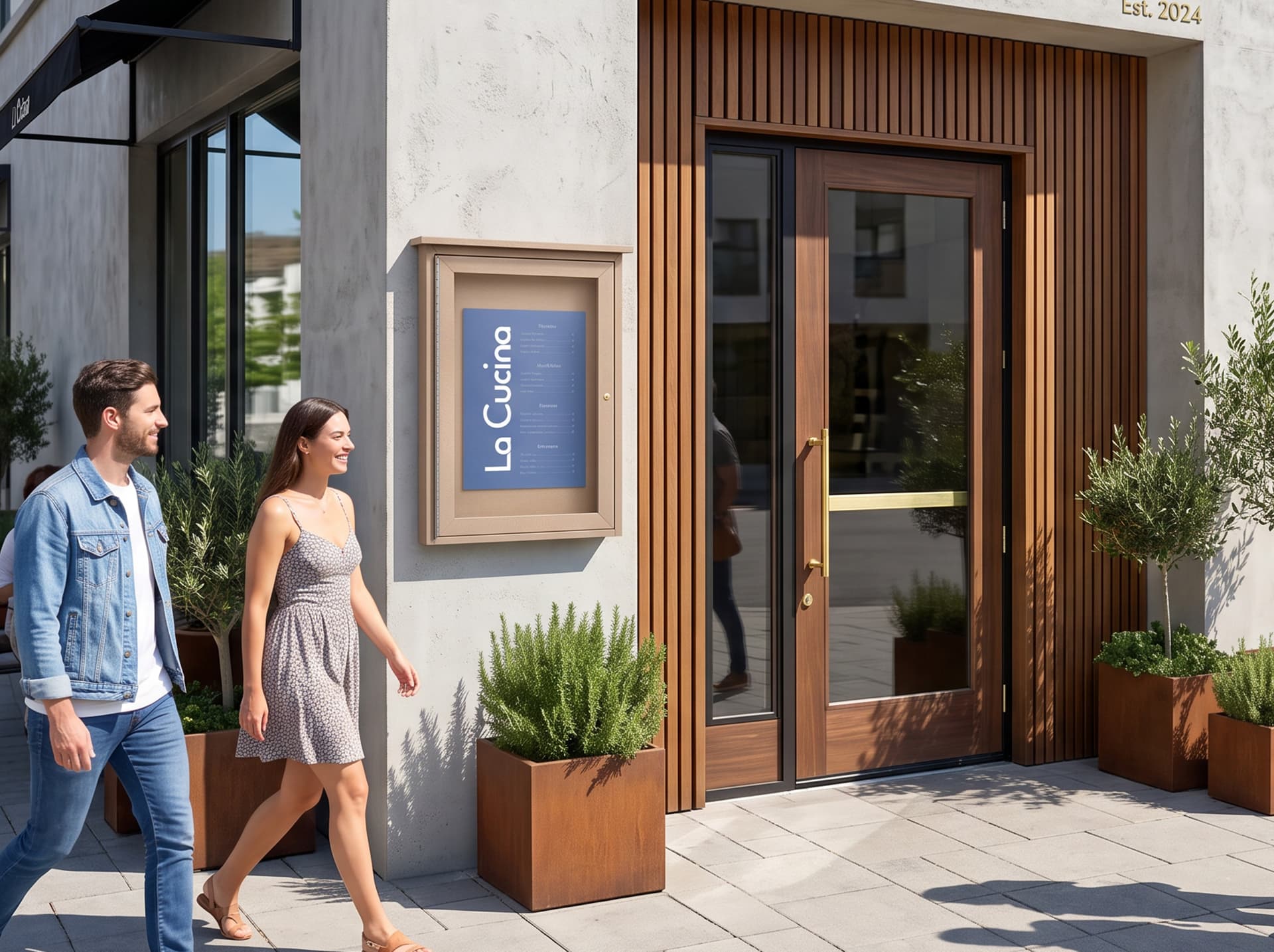 Outdoor menu display case being utilized in outside a restaurant 