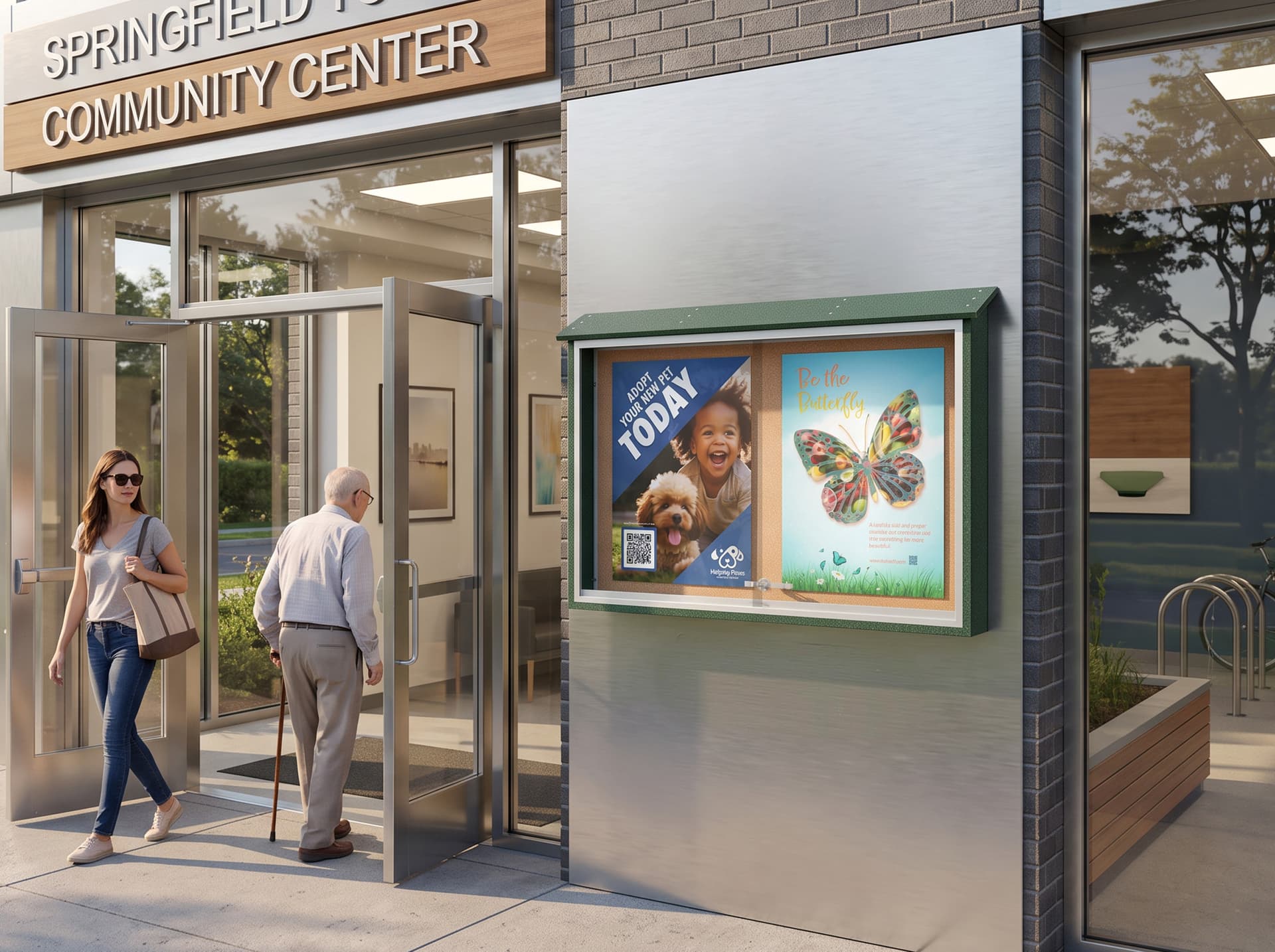 Outdoor bulletin board being utilized outside of a community center