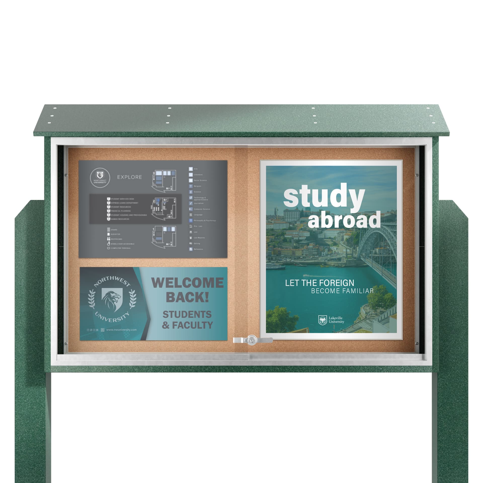 Outdoor bulletin board with posts showcasing higher education informational graphics
