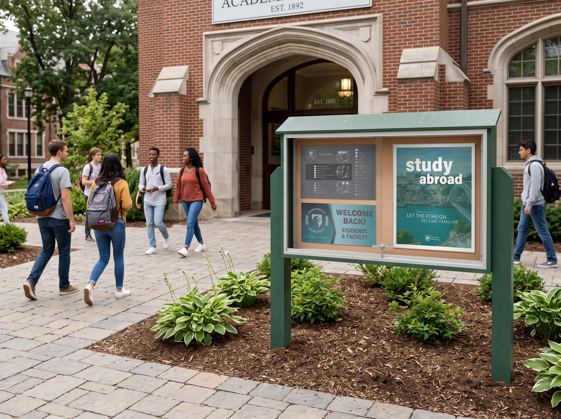 Outdoor bulletin board with posts being utilized on a college campus
