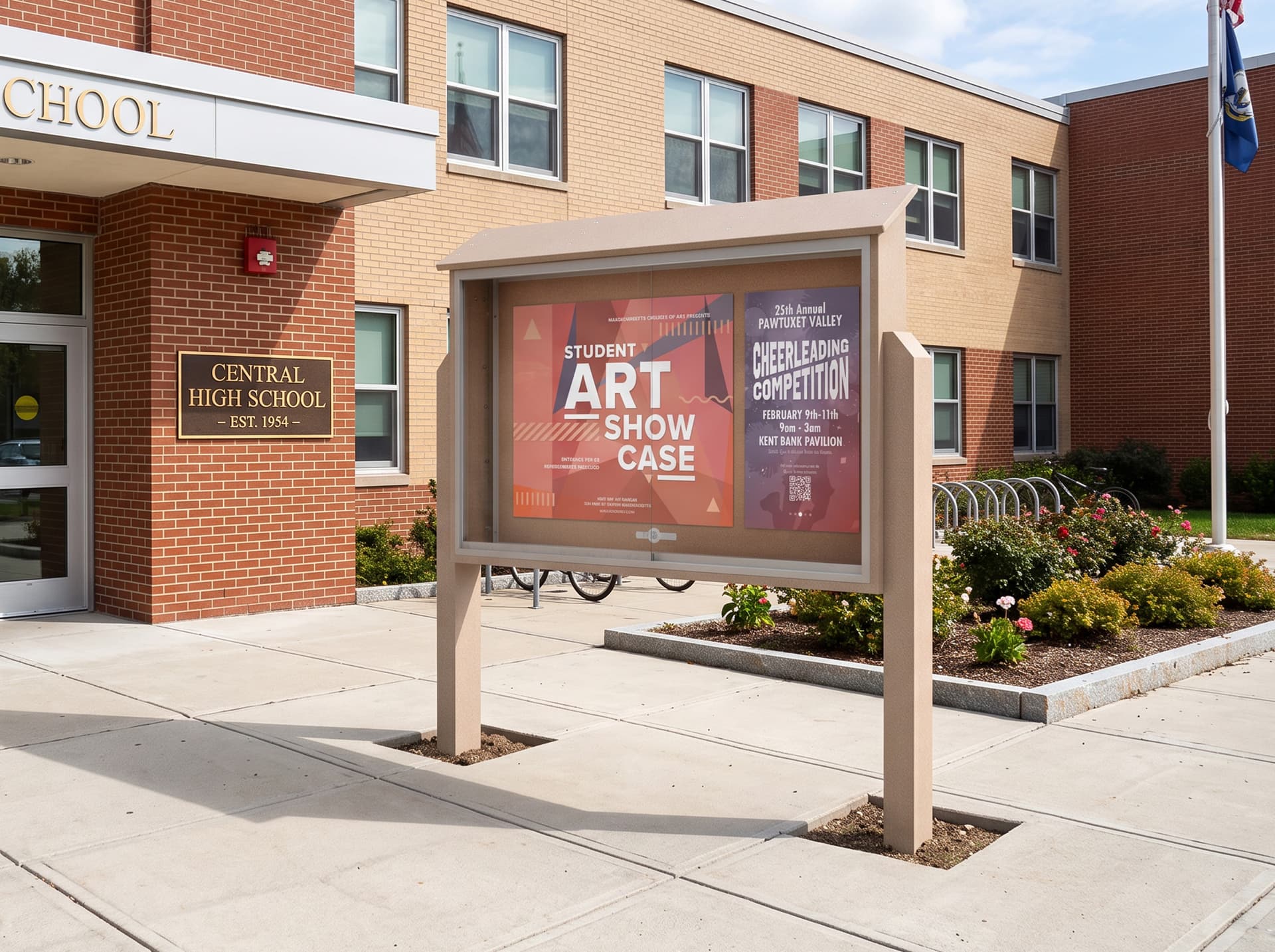Outdoor bulletin board with posts being utilized on a college campus 
