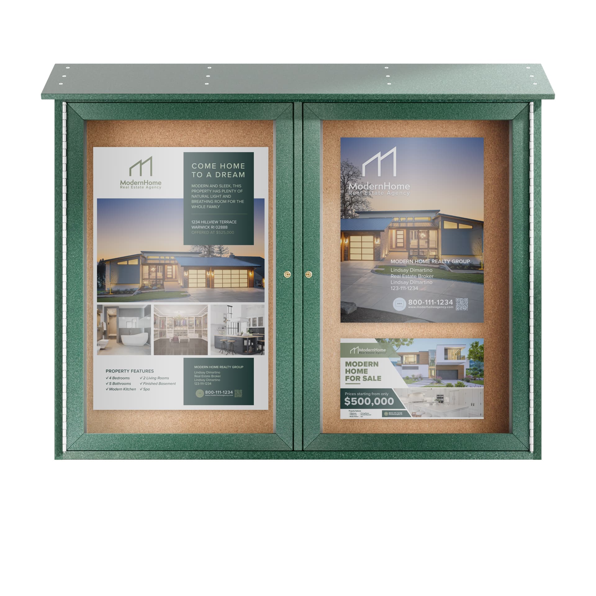 Outdoor enclosed bulletin board exhibiting graphics advertising a real estate agency 