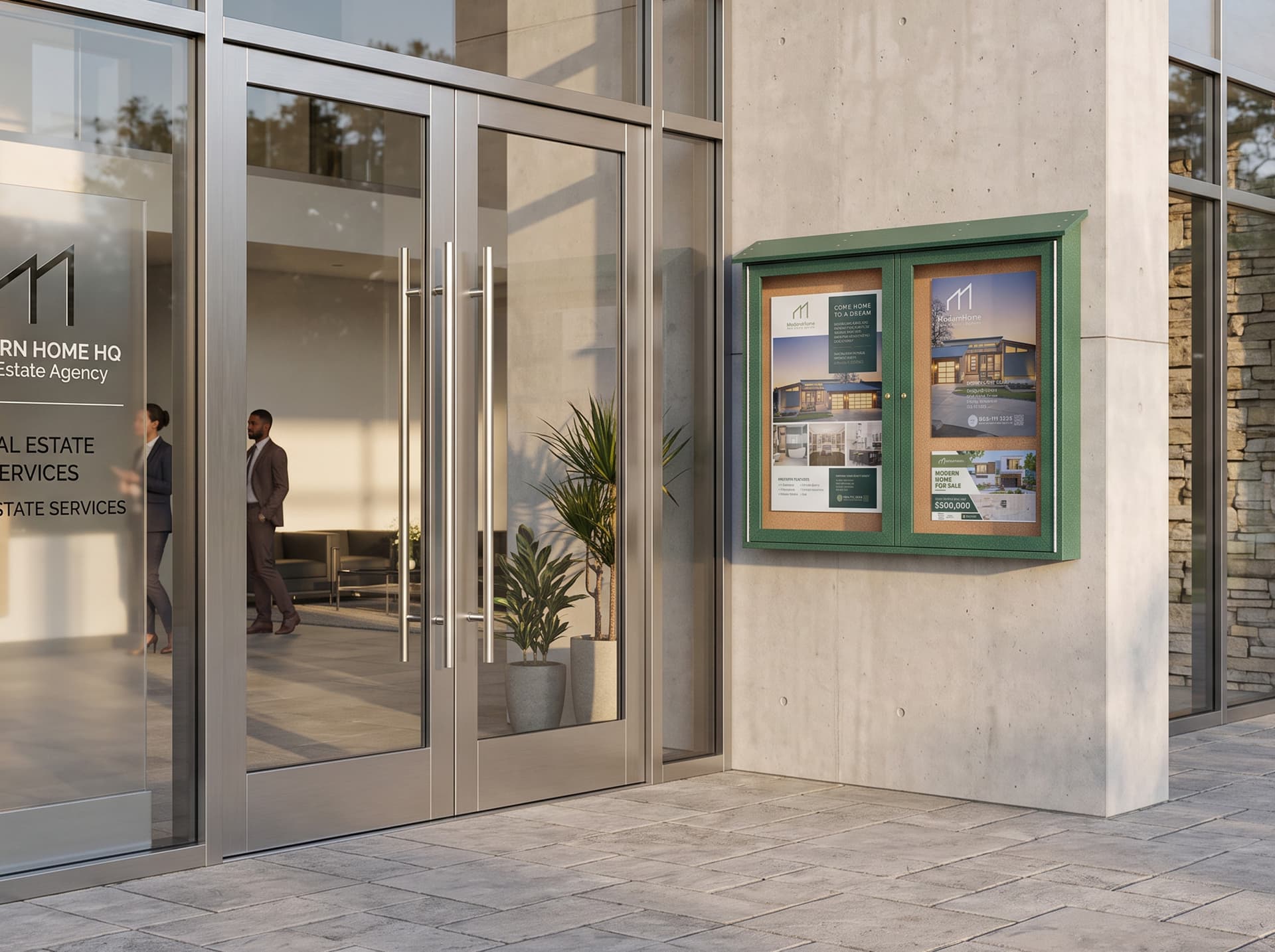 Outdoor enclosed bulletin board with being utilized outside a real estate agency 