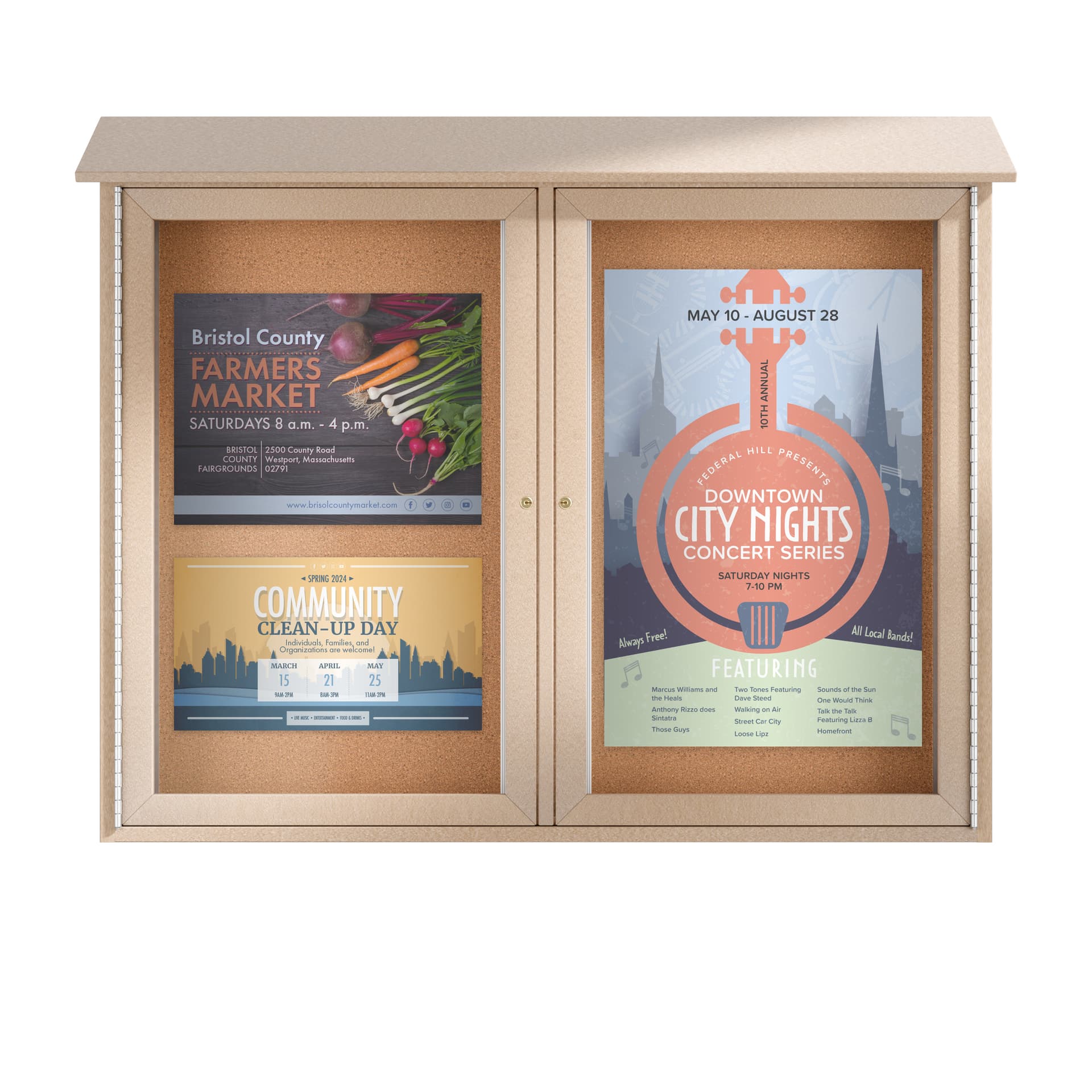 Outdoor enclosed bulletin board with showcasing community and public service announcements 