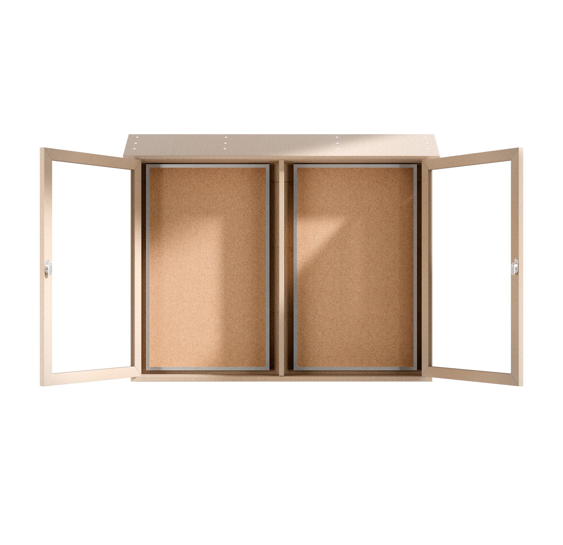Outdoor enclosed bulletin board with the doors open for easy access to post messages and notices