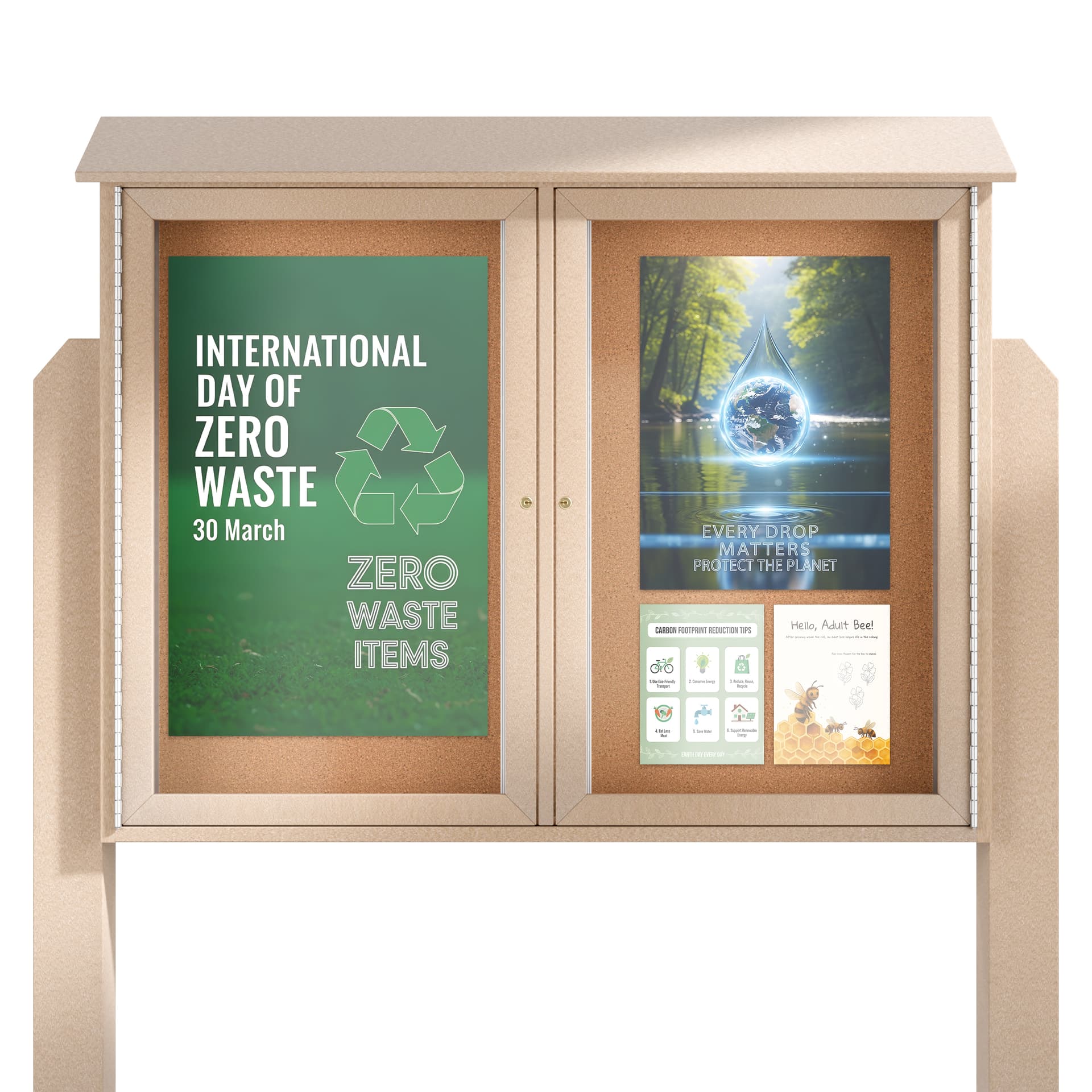 Free standing outdoor bulletin board exhibiting ecofriendly and environment awareness imagery posted in the cabinet doors