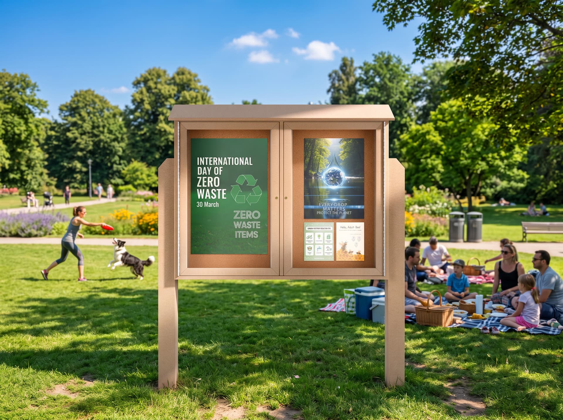 Free standing outdoor bulletin board being utilized in a community park to display messages for the public