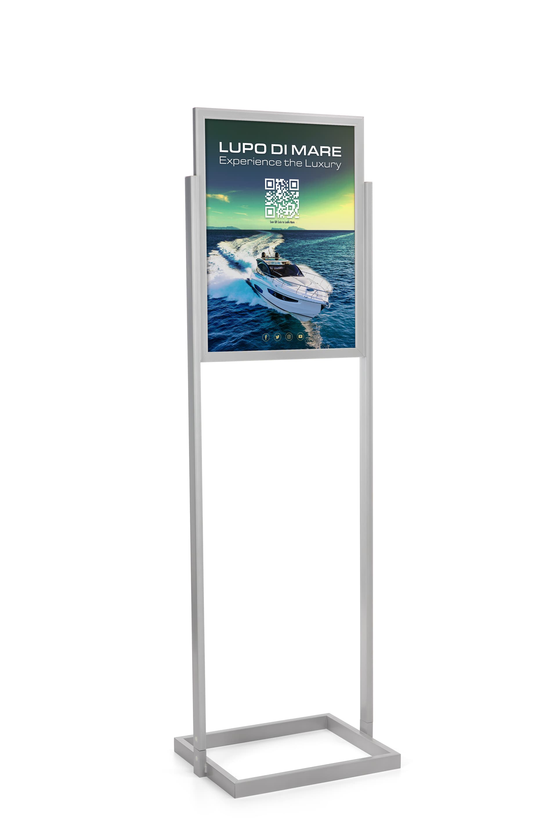 Silver 18" x 24" poster display stand with top loading design