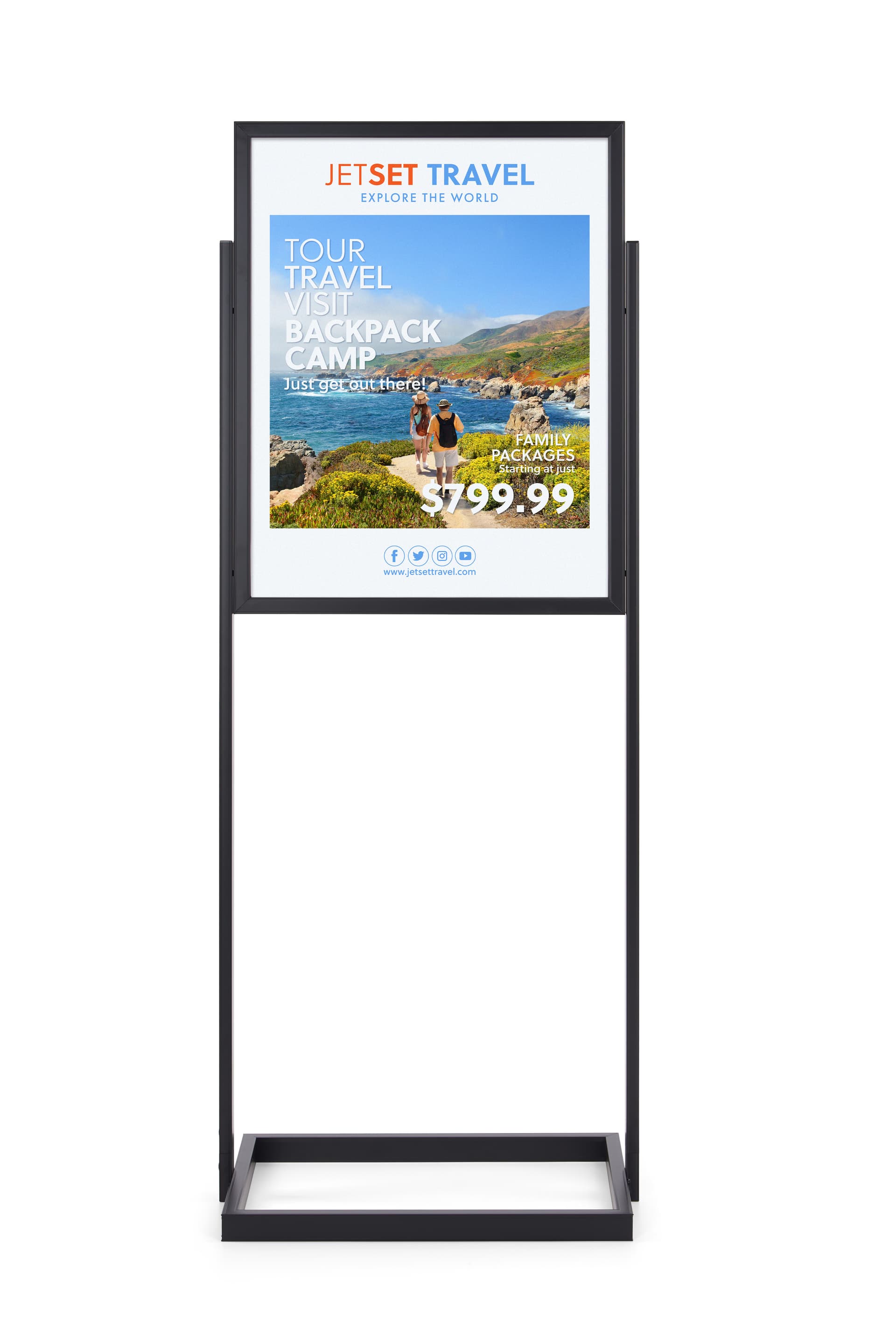 Poster stand with flexible protective lenses