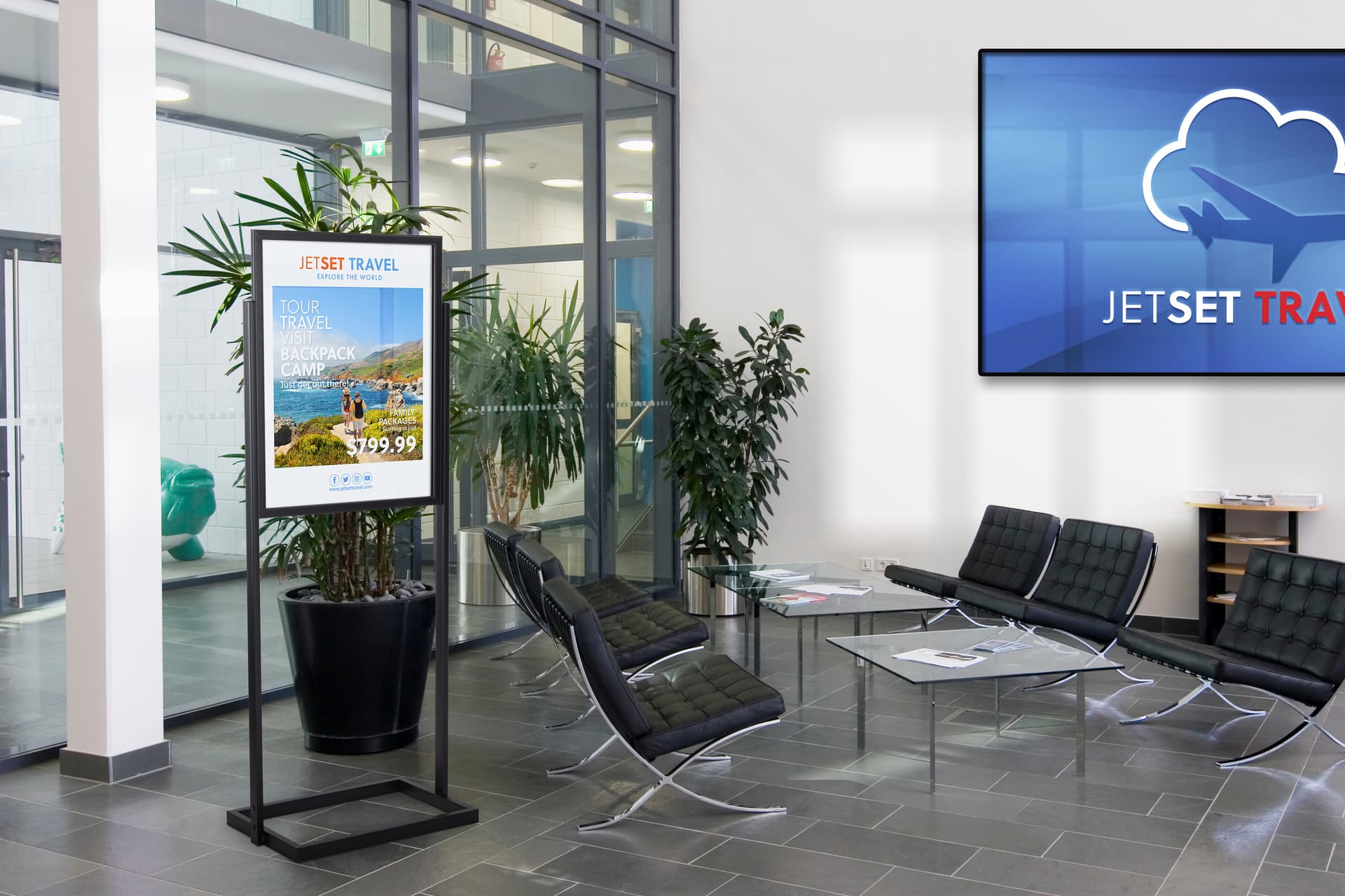Poster stand with black aluminum construction