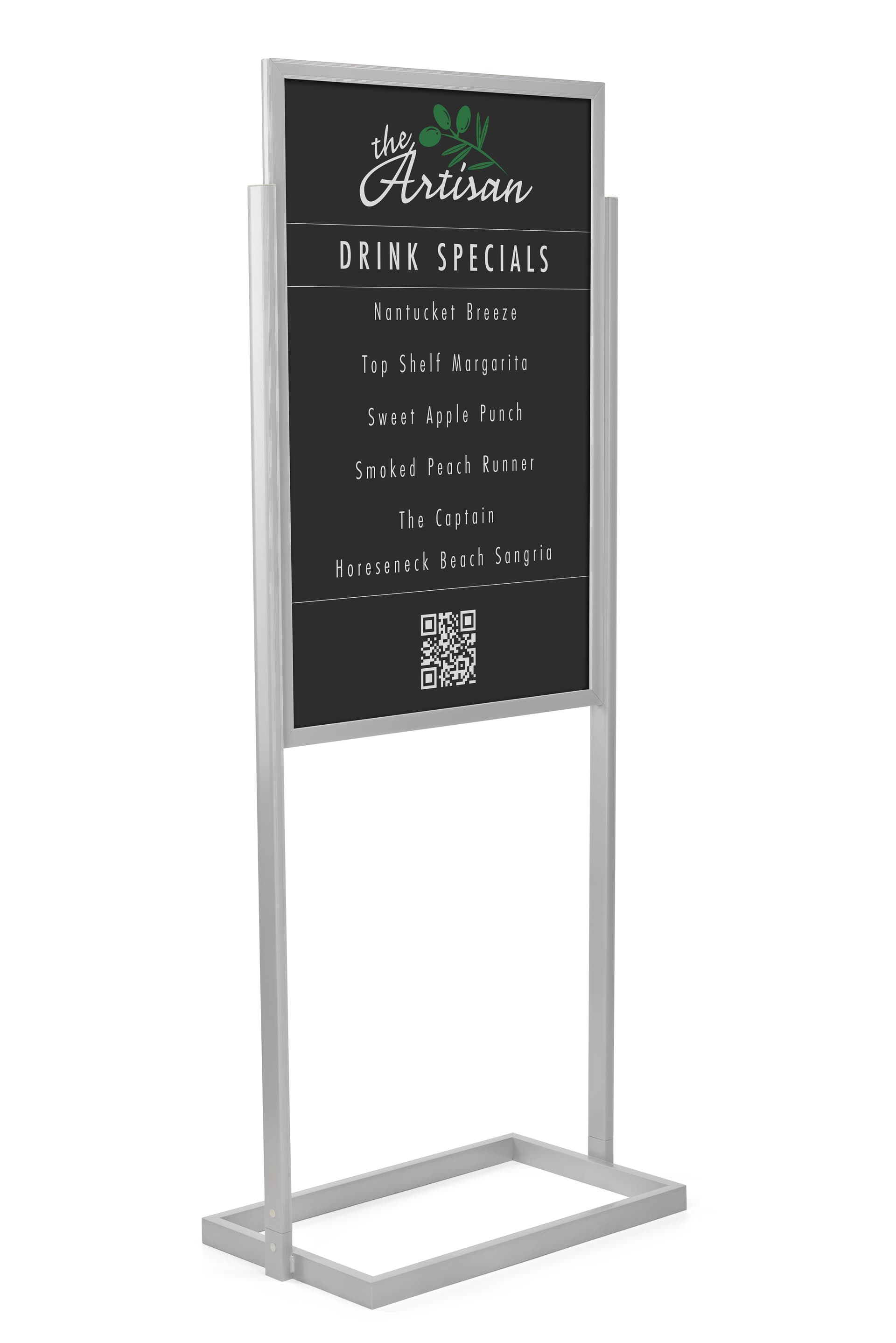 silver 24" x 36" metal poster stand with 2 protective lenses